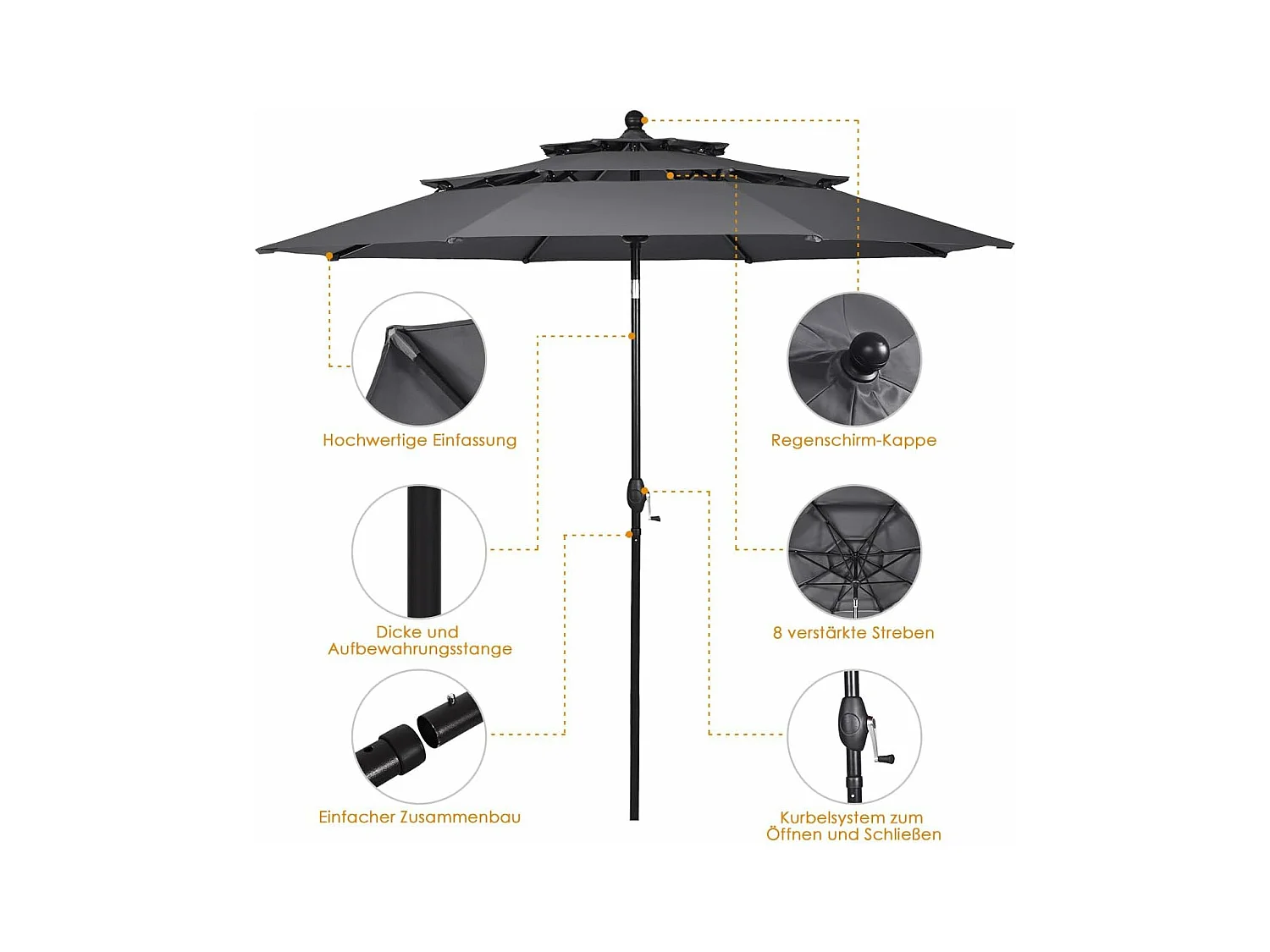 3m parasol voor buiten, 3 niveaus, automatisch kantelbaar, dubbele ventilatie, zwengel, aluminium paal voor Market Pool Garden (grijs)