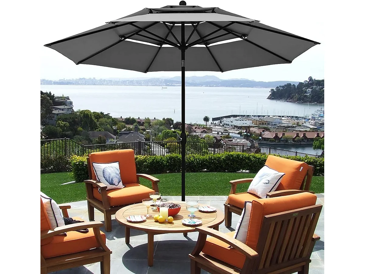 Parasol Extérieur de 3m à 3 Niveaux, Parasol de Patio Auto-inclinable Double Ventilation, Manivelle, Poteau en Aluminium pour Marché  Piscine Jardin (Gris)