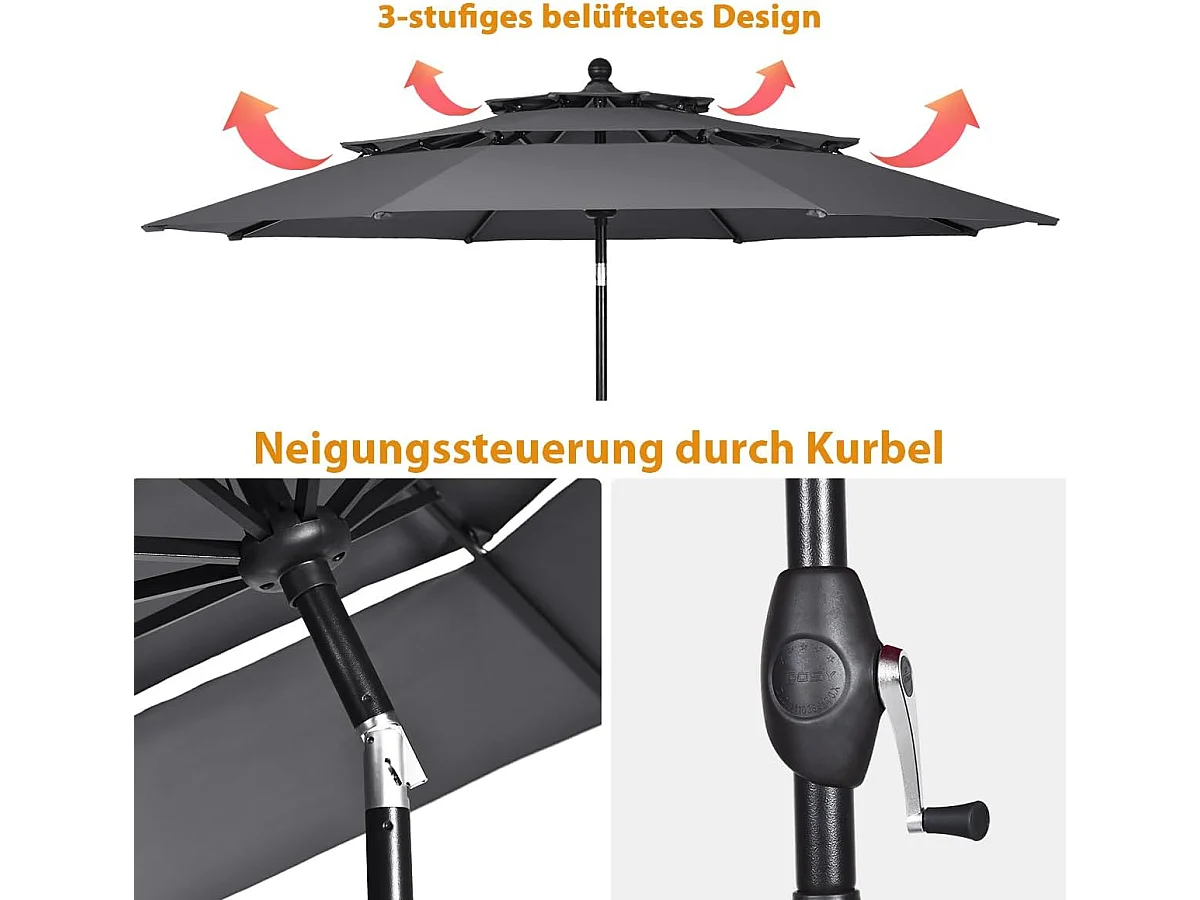 Parasol Extérieur de 3m à 3 Niveaux, Parasol de Patio Auto-inclinable Double Ventilation, Manivelle, Poteau en Aluminium pour Marché  Piscine Jardin (Gris)