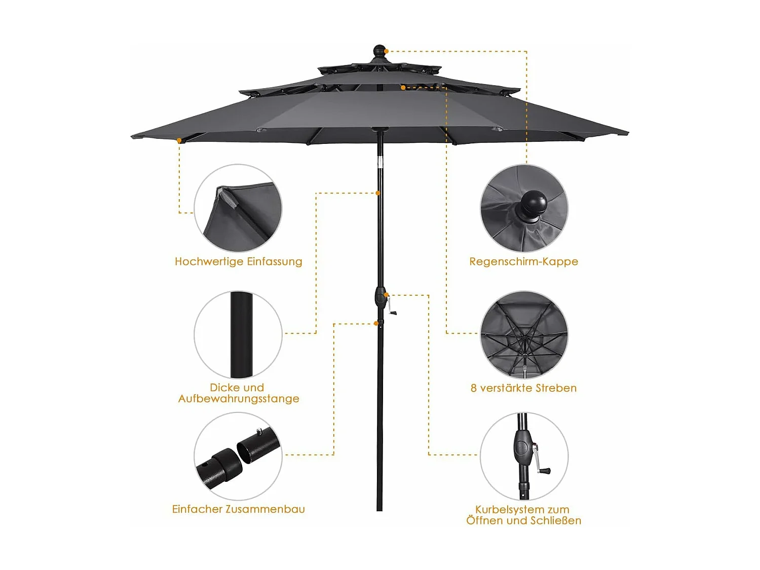 Parasol Extérieur de 3m à 3 Niveaux, Parasol de Patio Auto-inclinable Double Ventilation, Manivelle, Poteau en Aluminium pour Marché  Piscine Jardin (Gris)