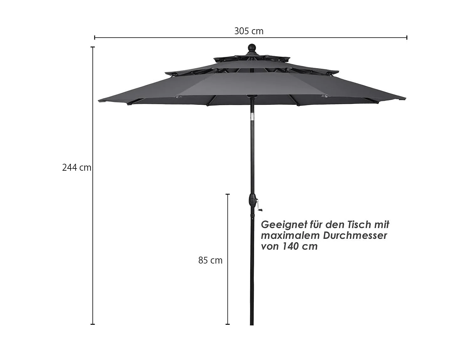 Parasol Extérieur de 3m à 3 Niveaux, Parasol de Patio Auto-inclinable Double Ventilation, Manivelle, Poteau en Aluminium pour Marché  Piscine Jardin (Gris)