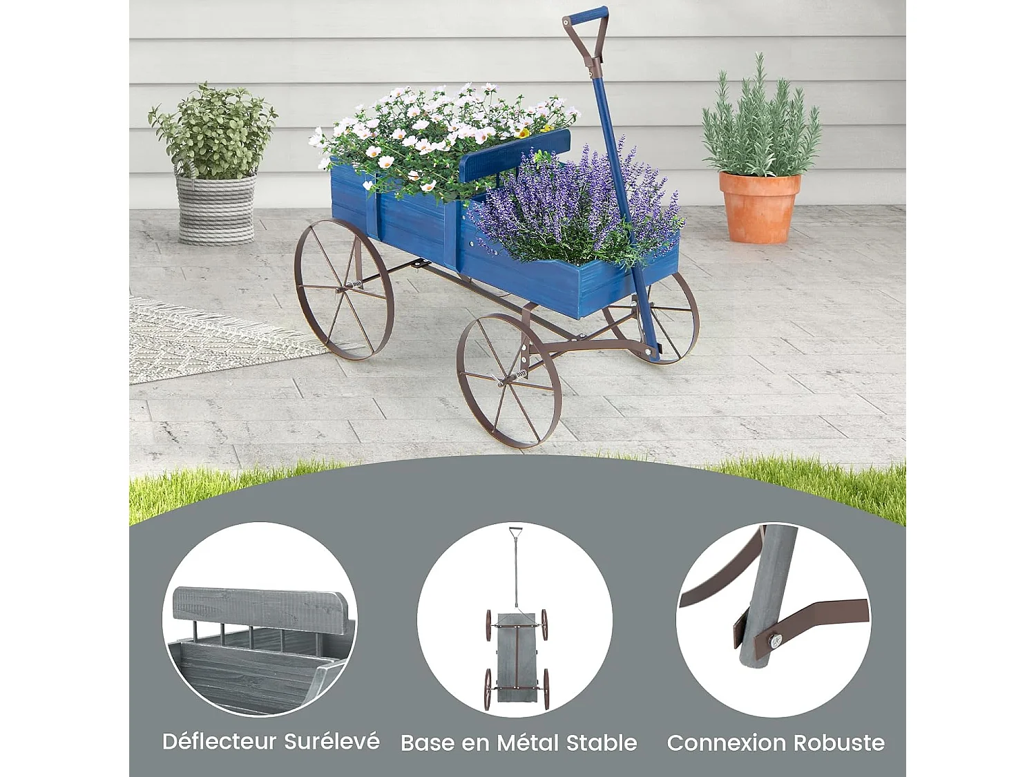 Brouette Décorative en Bois avec 2 Compartiments à Planter Roues Métalliques et Poignée à l'avant Charge 15kg pour Cour Jardin Véranda (Gris)