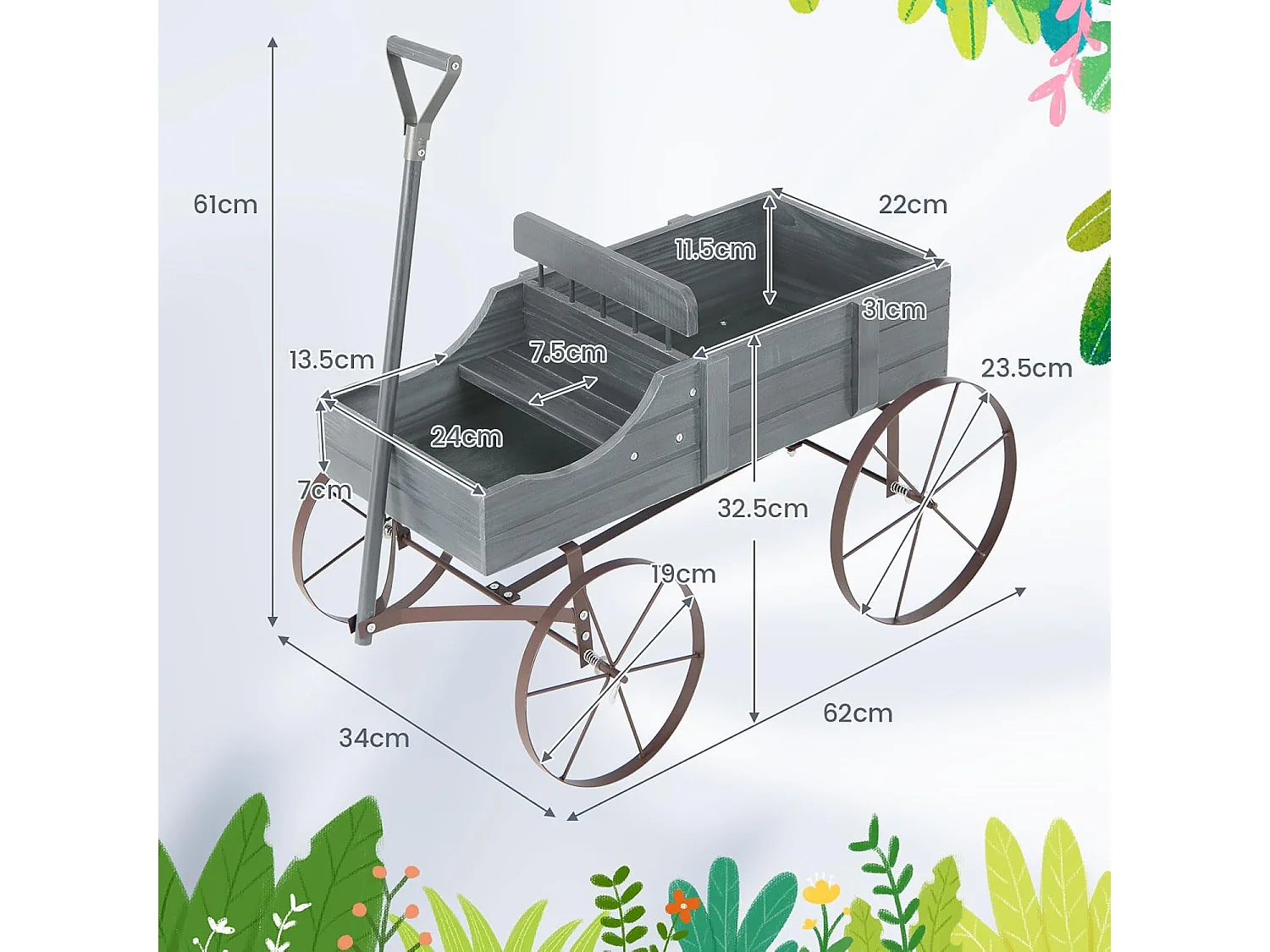 Brouette Décorative en Bois avec 2 Compartiments à Planter Roues Métalliques et Poignée à l'avant Charge 15kg pour Cour Jardin Véranda (Gris)