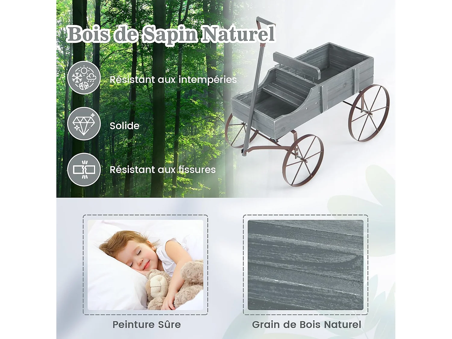 Brouette Décorative en Bois avec 2 Compartiments à Planter Roues Métalliques et Poignée à l'avant Charge 15kg pour Cour Jardin Véranda (Gris)