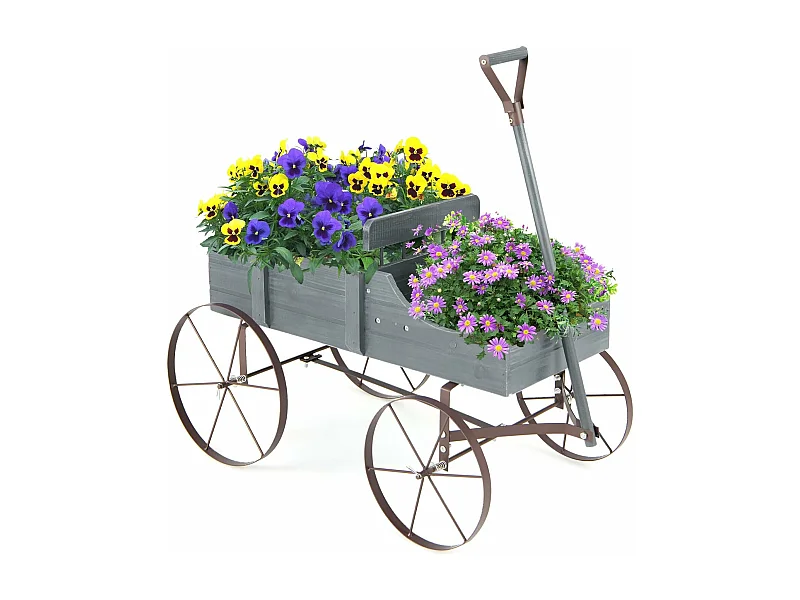 Brouette Décorative en Bois avec 2 Compartiments à Planter Roues Métalliques et Poignée à l'avant Charge 15kg pour Cour Jardin Véranda (Gris)