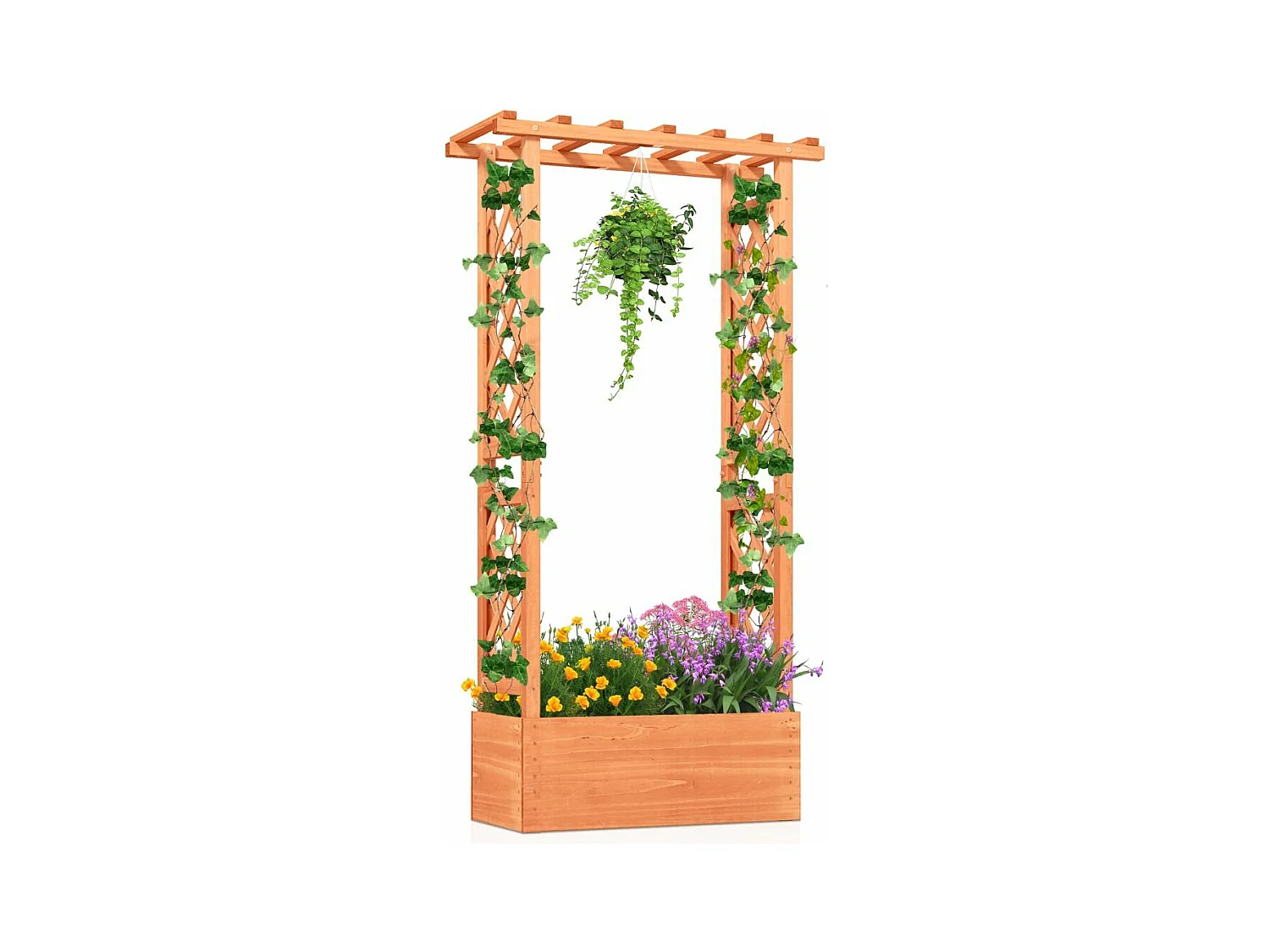 Jardinière avec Treillis Toit Suspendu en Bois avec Trou de Drainage, Lit de Jardin Surélevé pour Plante Grimpante, pour Patio Terrasse et Jardin (66 x 32 x 152 cm)