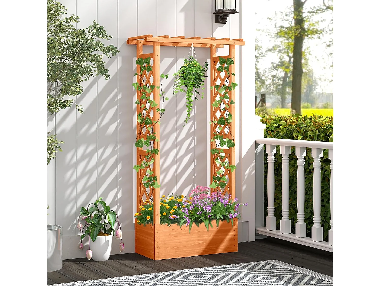 Jardinière avec Treillis Toit Suspendu en Bois avec Trou de Drainage, Lit de Jardin Surélevé pour Plante Grimpante, pour Patio Terrasse et Jardin (66 x 32 x 152 cm)