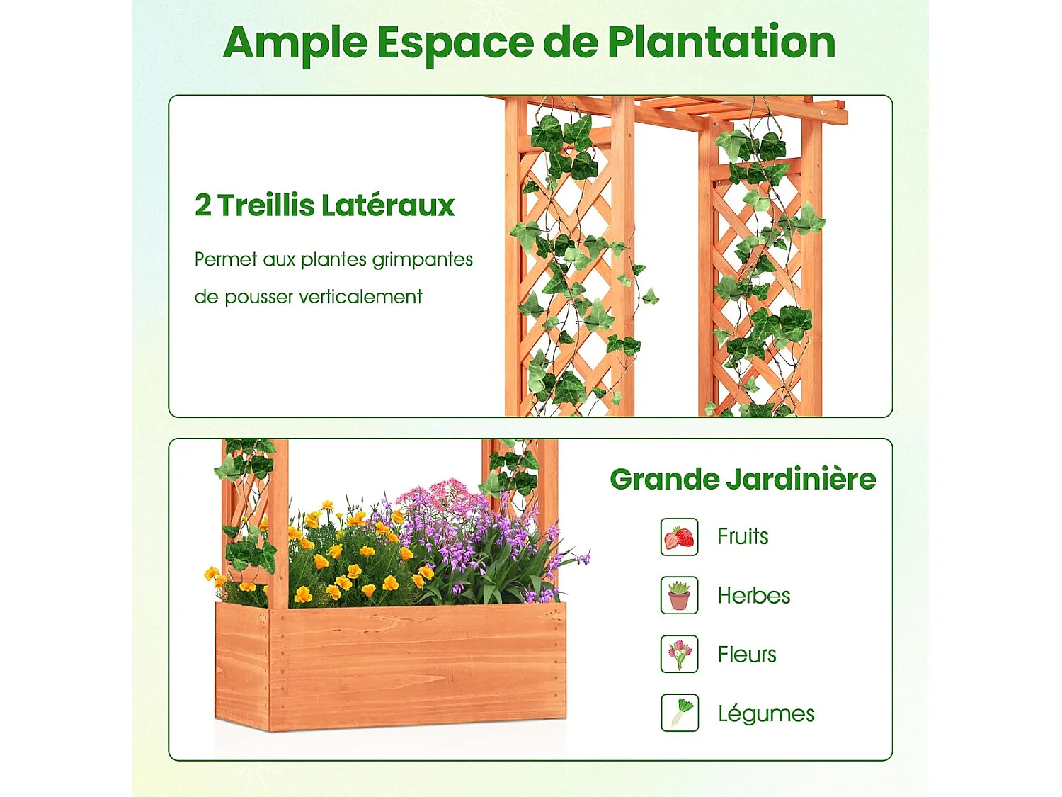 Jardinière avec Treillis Toit Suspendu en Bois avec Trou de Drainage, Lit de Jardin Surélevé pour Plante Grimpante, pour Patio Terrasse et Jardin (66 x 32 x 152 cm)