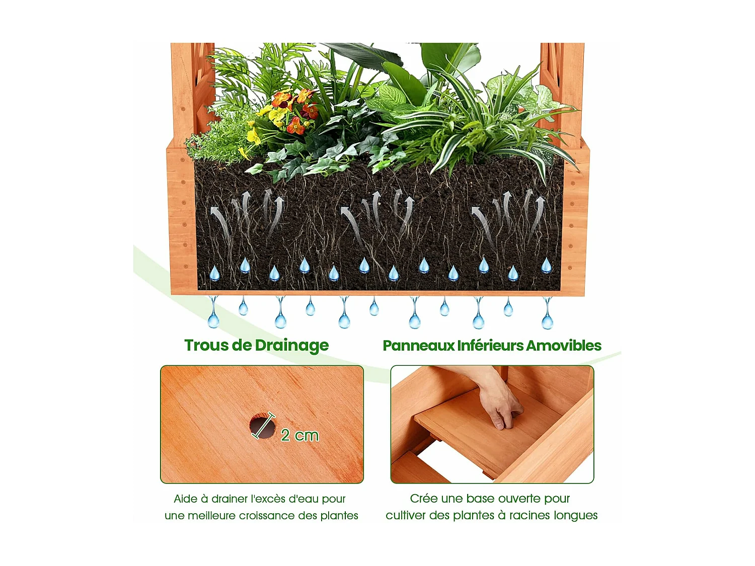 Jardinière avec Treillis Toit Suspendu en Bois avec Trou de Drainage, Lit de Jardin Surélevé pour Plante Grimpante, pour Patio Terrasse et Jardin (66 x 32 x 152 cm)
