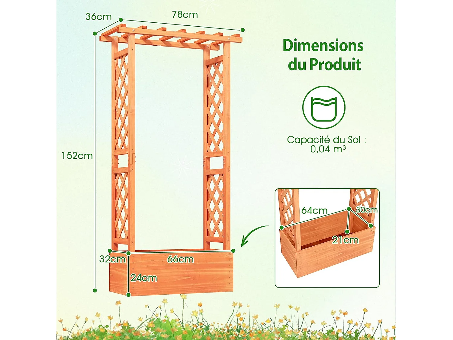 Jardinière avec Treillis Toit Suspendu en Bois avec Trou de Drainage, Lit de Jardin Surélevé pour Plante Grimpante, pour Patio Terrasse et Jardin (66 x 32 x 152 cm)
