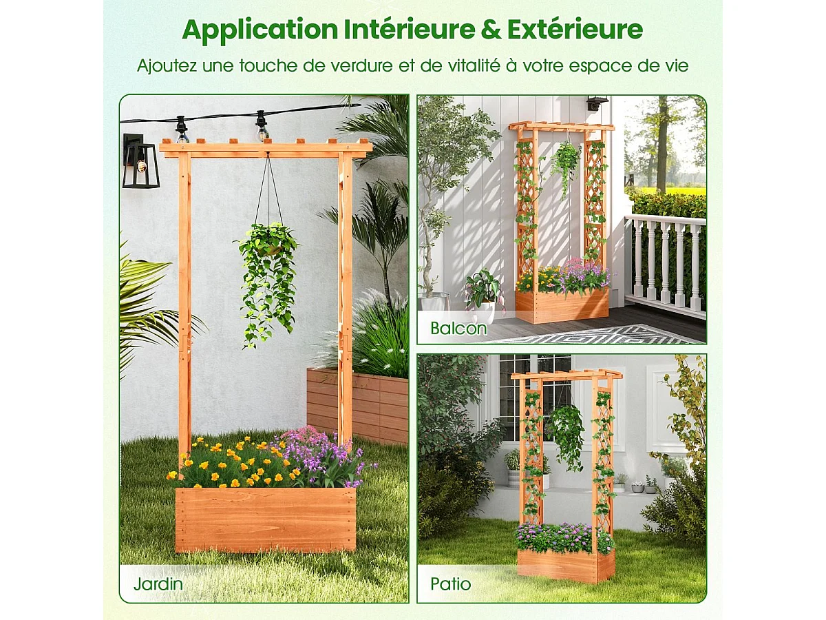 Houten hangende plantenbak met drainagegat, verhoogd tuinbed voor klimplanten, voor op het terras en in de tuin (66 x 32 x 152 cm)