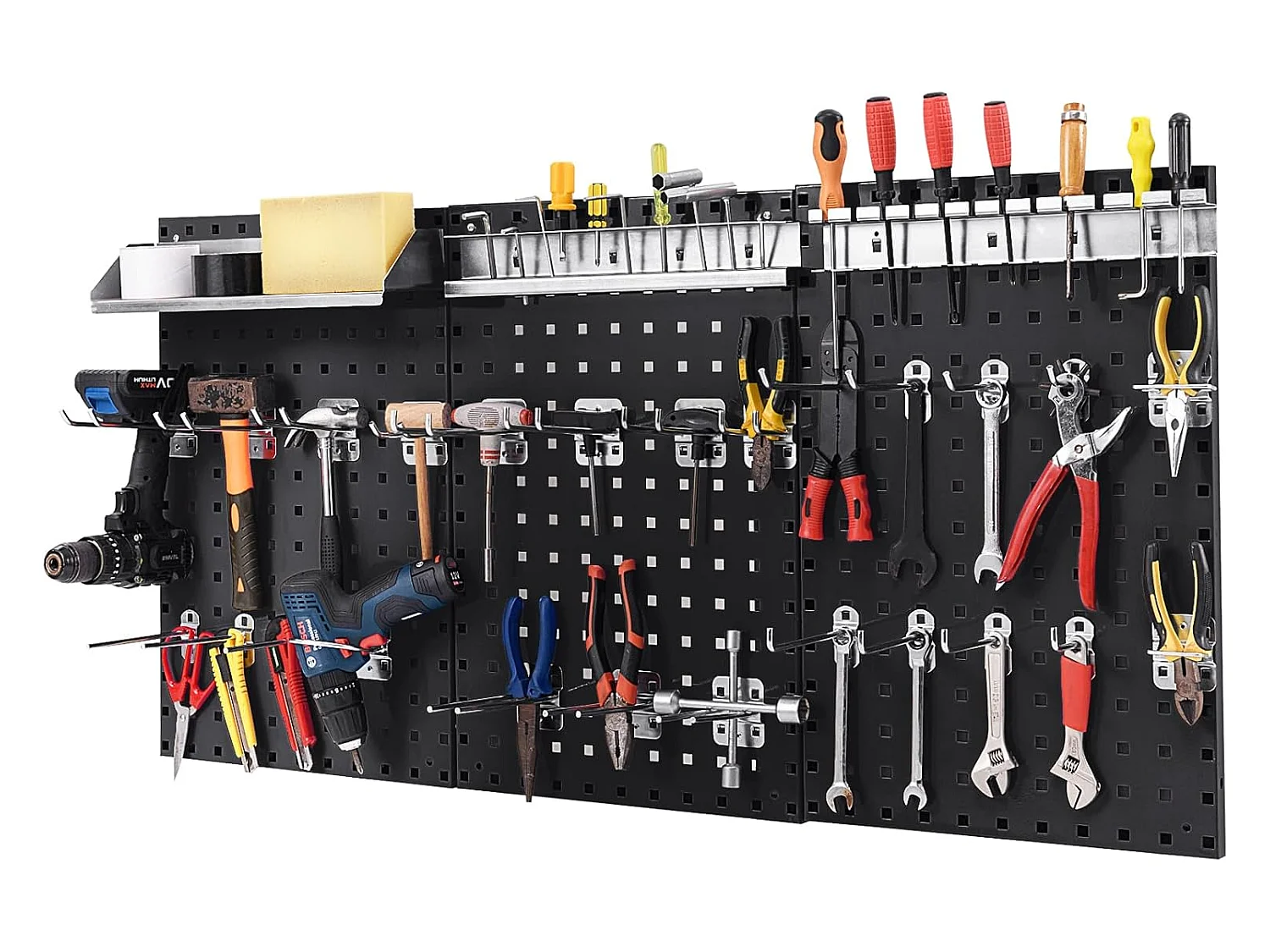 Organiseur Mural en Panneau Perforé, Kit de Rangement d'Outils en Métal avec 3 Panneaux Perforés 28 Accessoires de Suspension, Porte-outils Fixé au Mur (Noir)