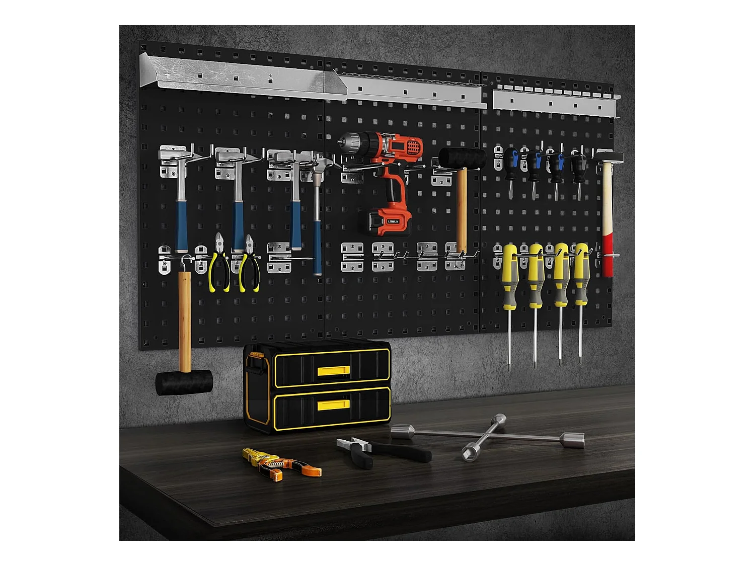 Organiseur Mural en Panneau Perforé, Kit de Rangement d'Outils en Métal avec 3 Panneaux Perforés 28 Accessoires de Suspension, Porte-outils Fixé au Mur (Noir)