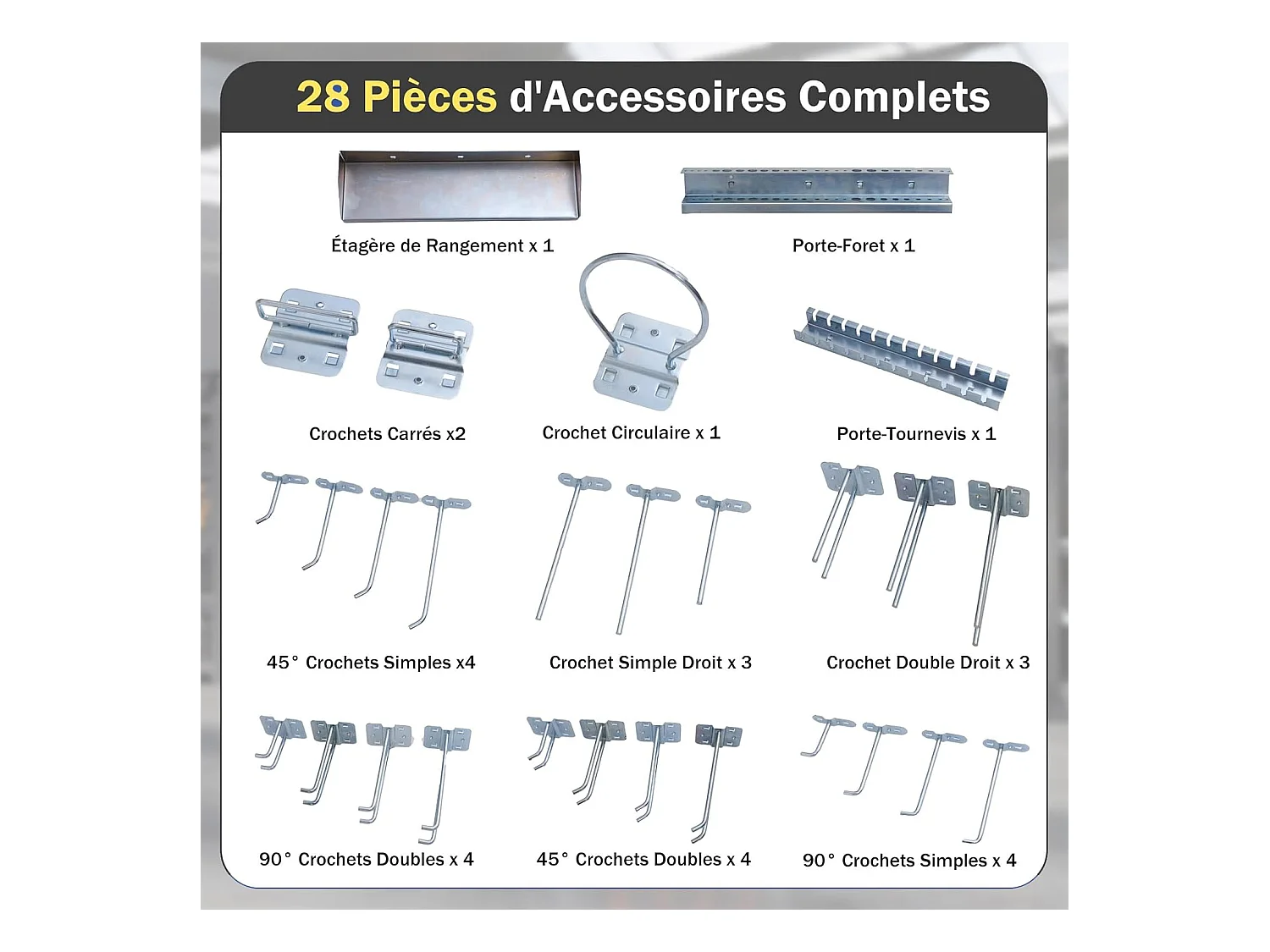 Organiseur Mural en Panneau Perforé, Kit de Rangement d'Outils en Métal avec 3 Panneaux Perforés 28 Accessoires de Suspension, Porte-outils Fixé au Mur (Noir)