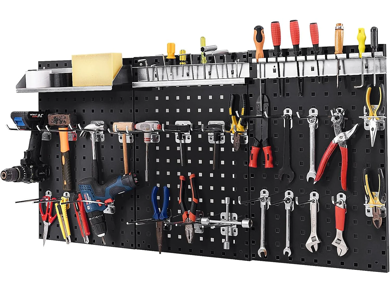 Organiseur Mural en Panneau Perforé, Kit de Rangement d'Outils en Métal avec 3 Panneaux Perforés 28 Accessoires de Suspension, Porte-outils Fixé au Mur (Noir)