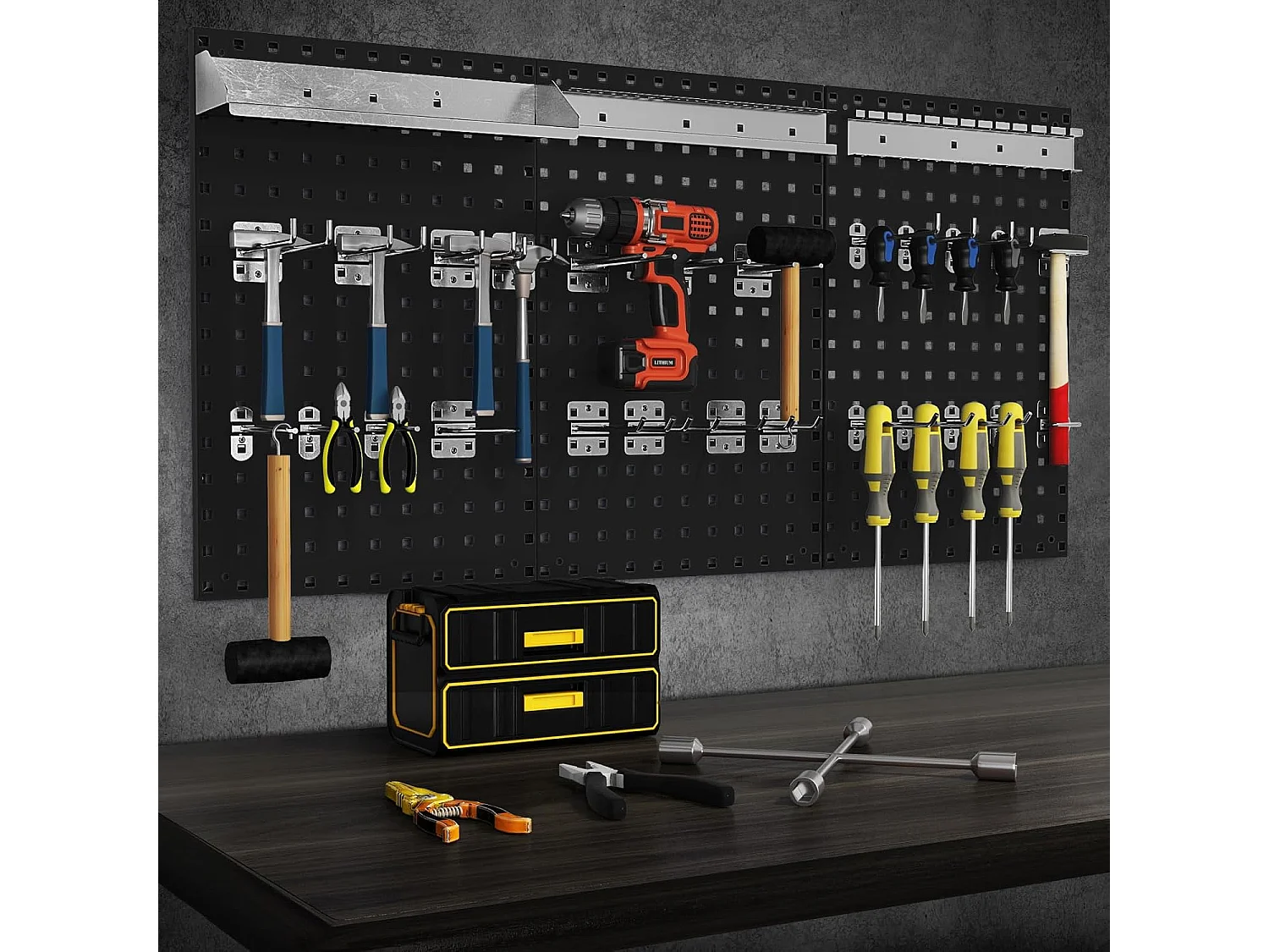 Organiseur Mural en Panneau Perforé, Kit de Rangement d'Outils en Métal avec 3 Panneaux Perforés 28 Accessoires de Suspension, Porte-outils Fixé au Mur (Noir)