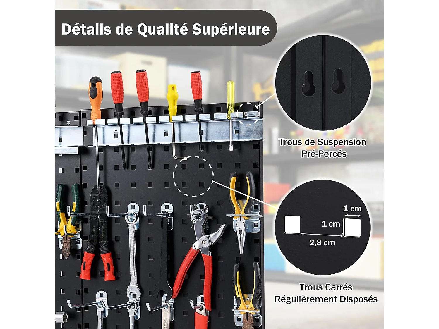 Organiseur Mural en Panneau Perforé, Kit de Rangement d'Outils en Métal avec 3 Panneaux Perforés 28 Accessoires de Suspension, Porte-outils Fixé au Mur (Noir)