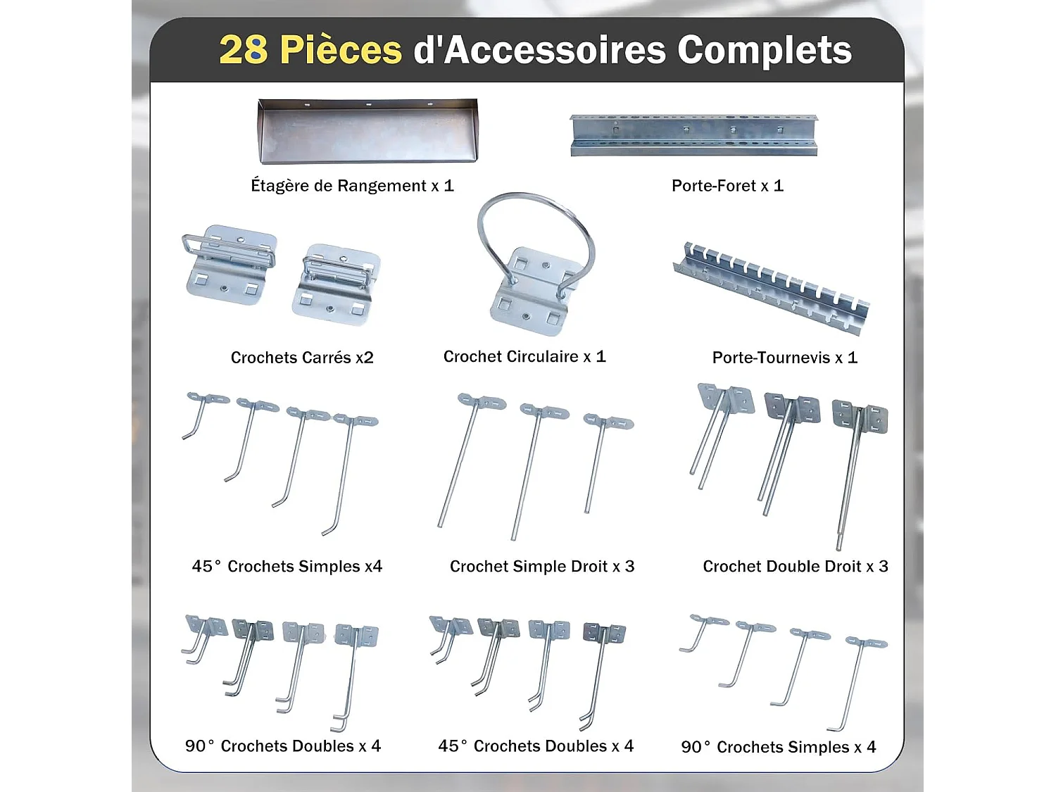 Organiseur Mural en Panneau Perforé, Kit de Rangement d'Outils en Métal avec 3 Panneaux Perforés 28 Accessoires de Suspension, Porte-outils Fixé au Mur (Noir)