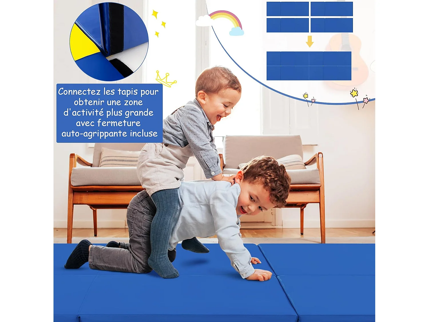 Tapis de Gymnastique Pliable Epais, Matelas d'Entrainement en Mousse et PU avec Poignées, pour Gymnastes Entraînements Sportifs Yoga, 180x60x5CM (Bleu Marine)
