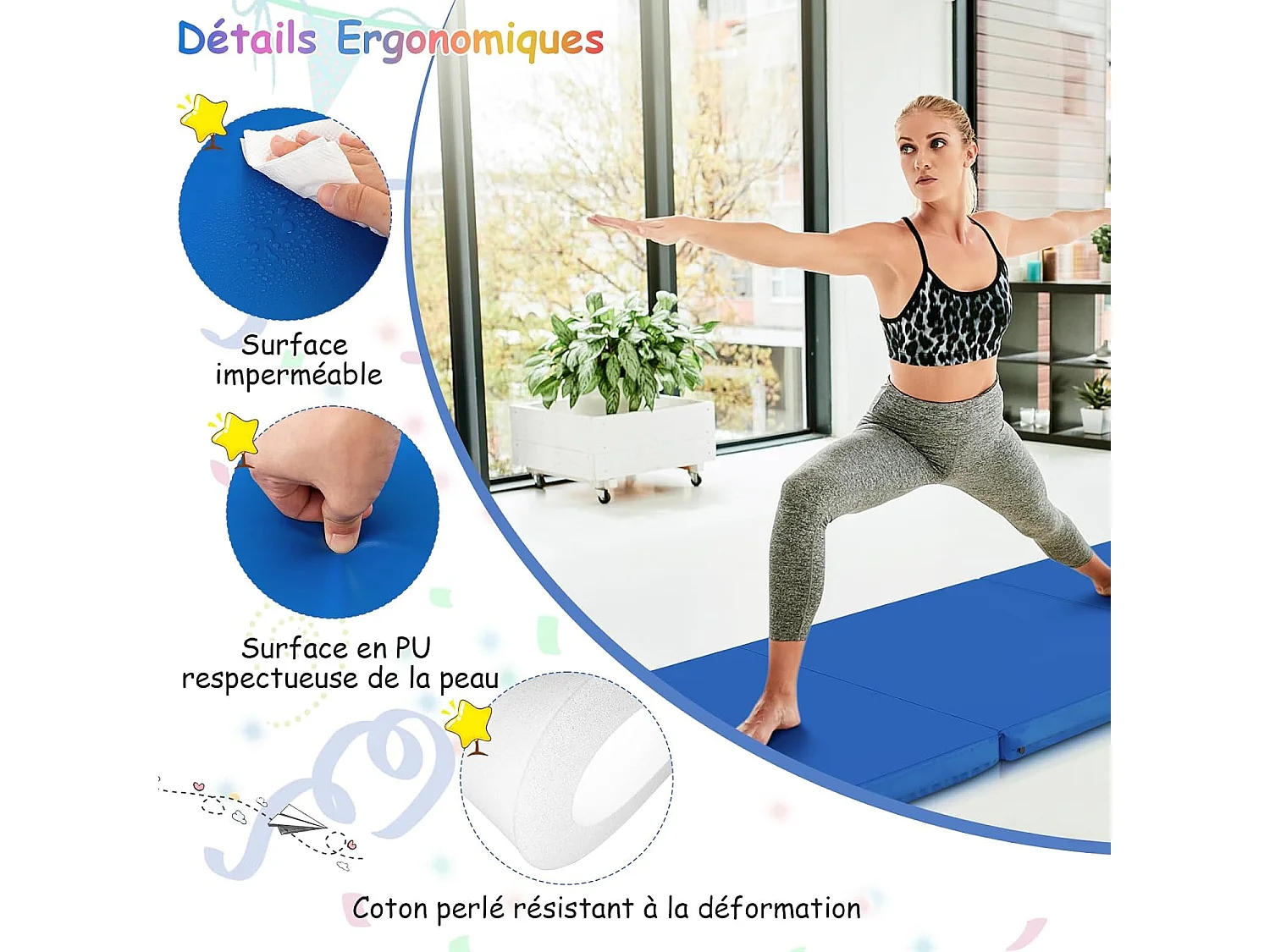 Tapis de Gymnastique Pliable Epais, Matelas d'Entrainement en Mousse et PU avec Poignées, pour Gymnastes Entraînements Sportifs Yoga, 180x60x5CM (Bleu Marine)