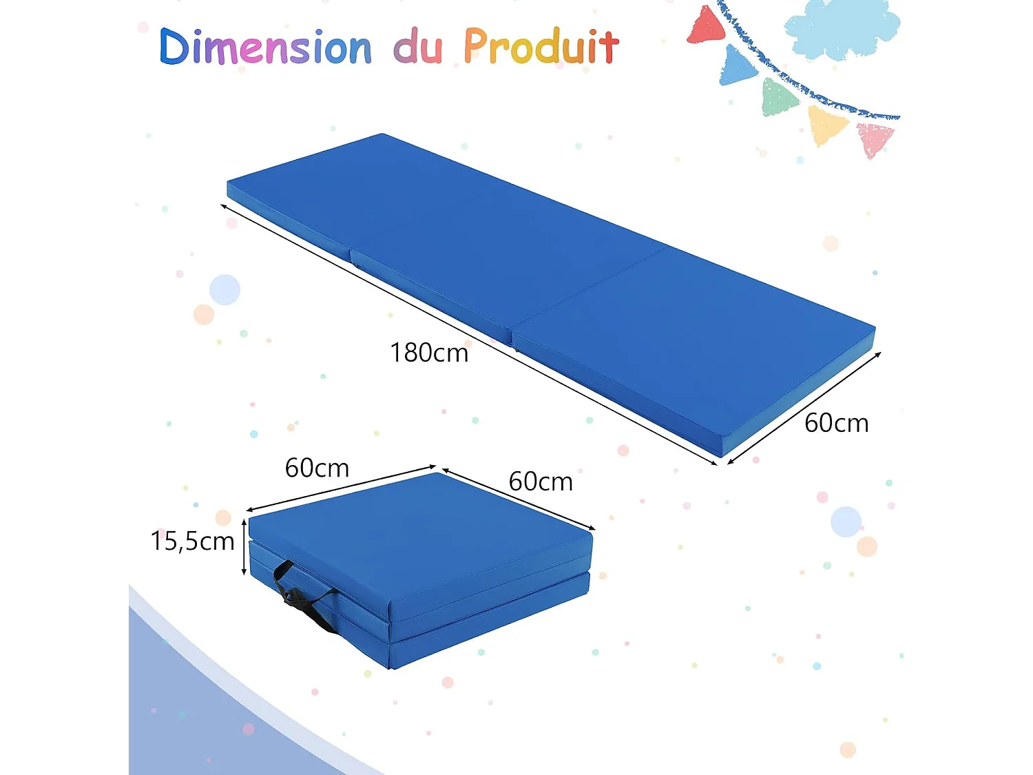 Tapis de Gymnastique Pliable Epais, Matelas d'Entrainement en Mousse et PU avec Poignées, pour Gymnastes Entraînements Sportifs Yoga, 180x60x5CM (Bleu Marine)