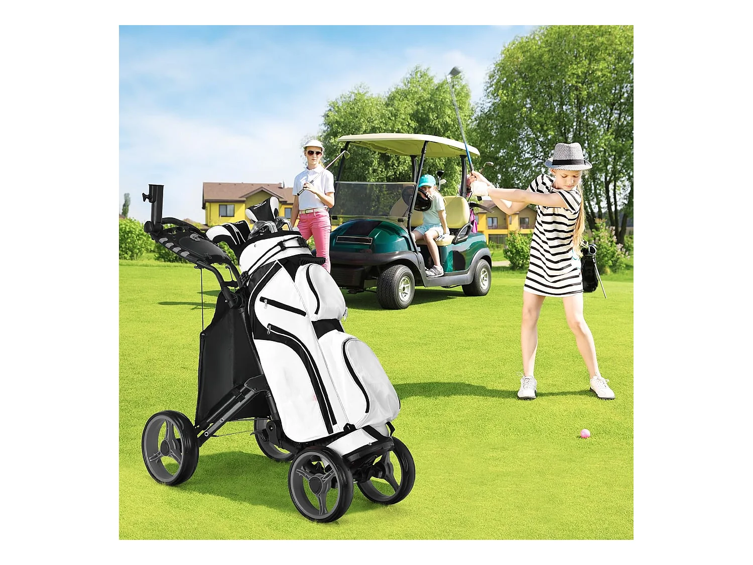 Chariot de Golf Pliable à Pousser ou à Tirer à 4 Roues, Chariot de Golf Léger avec Sac Imperméable et Frein à Pied Porte-Parapluie Réglable Poignée Réglable, Gris