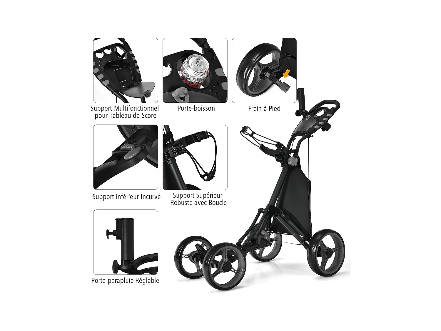 Chariot de Golf Pliable à Pousser ou à Tirer à 4 Roues, Chariot de Golf Léger avec Sac Imperméable et Frein à Pied Porte-Parapluie Réglable Poignée Réglable, Gris