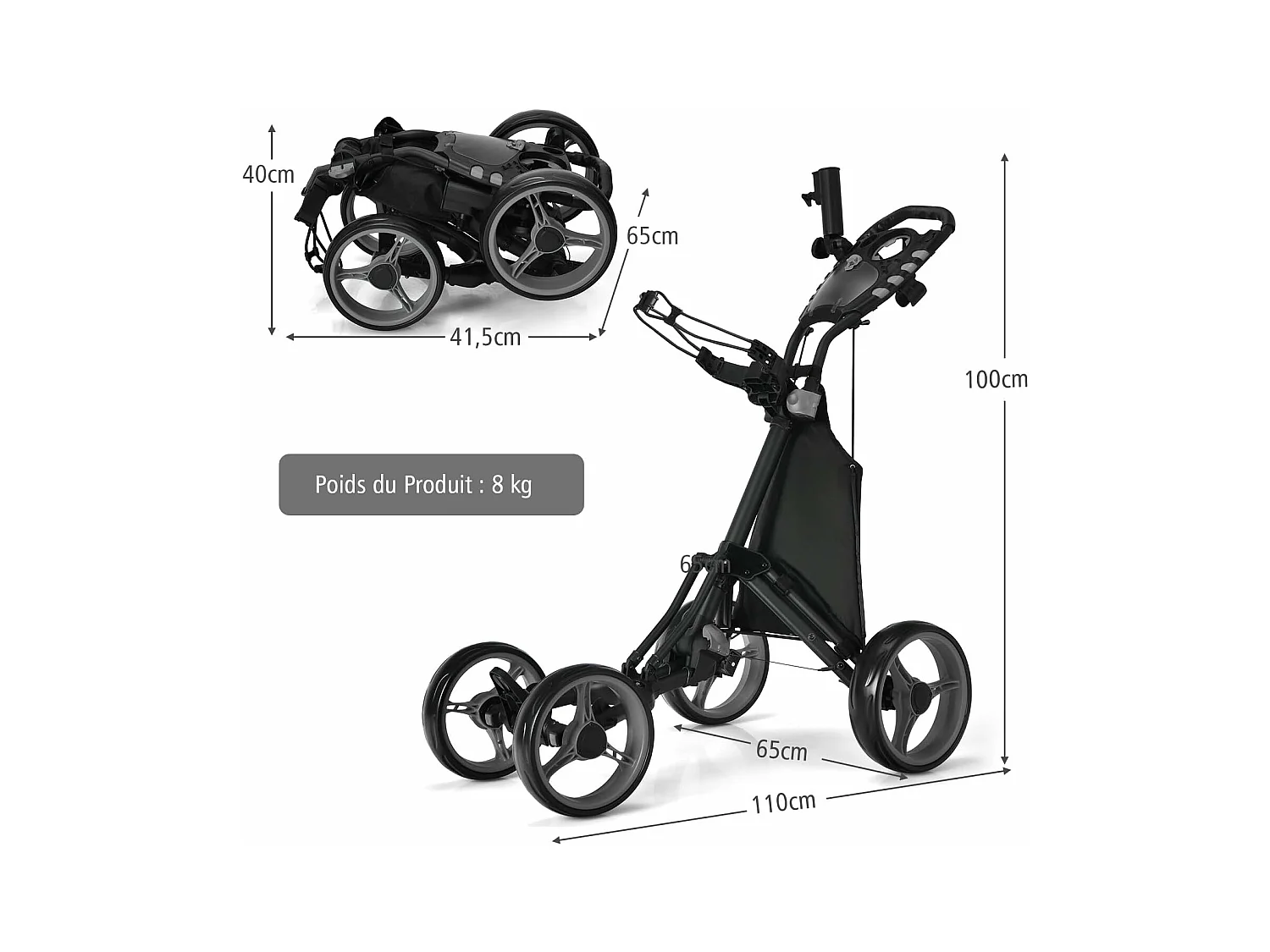 Chariot de Golf Pliable à Pousser ou à Tirer à 4 Roues, Chariot de Golf Léger avec Sac Imperméable et Frein à Pied Porte-Parapluie Réglable Poignée Réglable, Gris