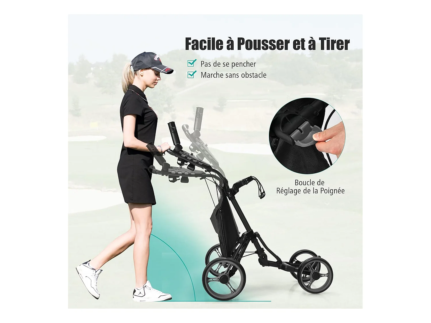 Chariot de Golf Pliable à Pousser ou à Tirer à 4 Roues, Chariot de Golf Léger avec Sac Imperméable et Frein à Pied Porte-Parapluie Réglable Poignée Réglable, Gris
