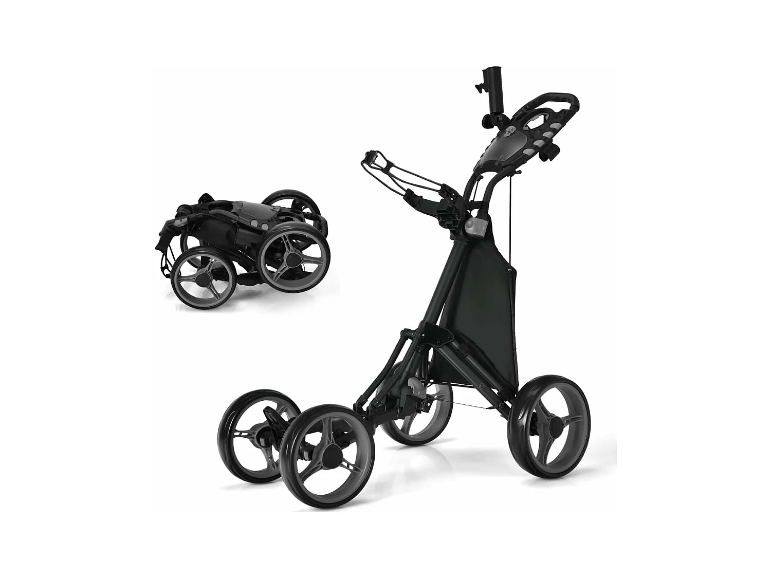 Golftrolley, 4 wielen, golfwagen, inklapbaar, golfcaddy van aluminium, golfcaddy met parapluhouder, T-stukhouder en opbergtas (grijs)