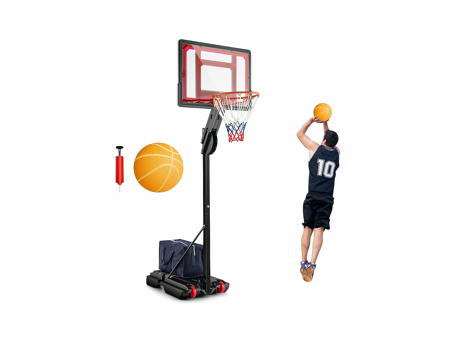 Panier de Basketball sur Pieds Hauteur Réglable de 1,55 à 3,1 m, Support de Basketball Portable avec Panneau Arrière en Pet Basket-Ball et Pompe