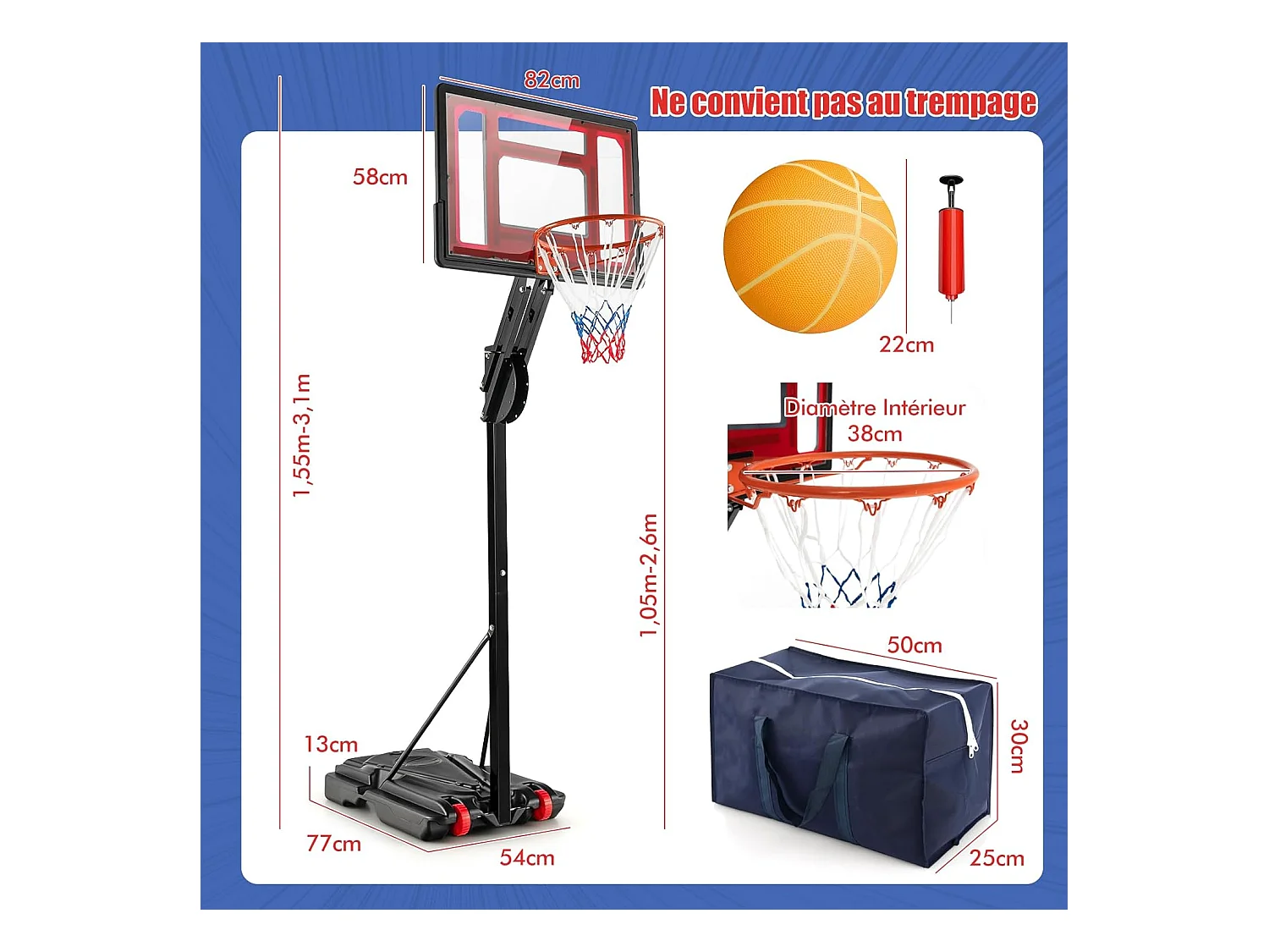 Panier de Basketball sur Pieds Hauteur Réglable de 1,55 à 3,1 m, Support de Basketball Portable avec Panneau Arrière en Pet Basket-Ball et Pompe