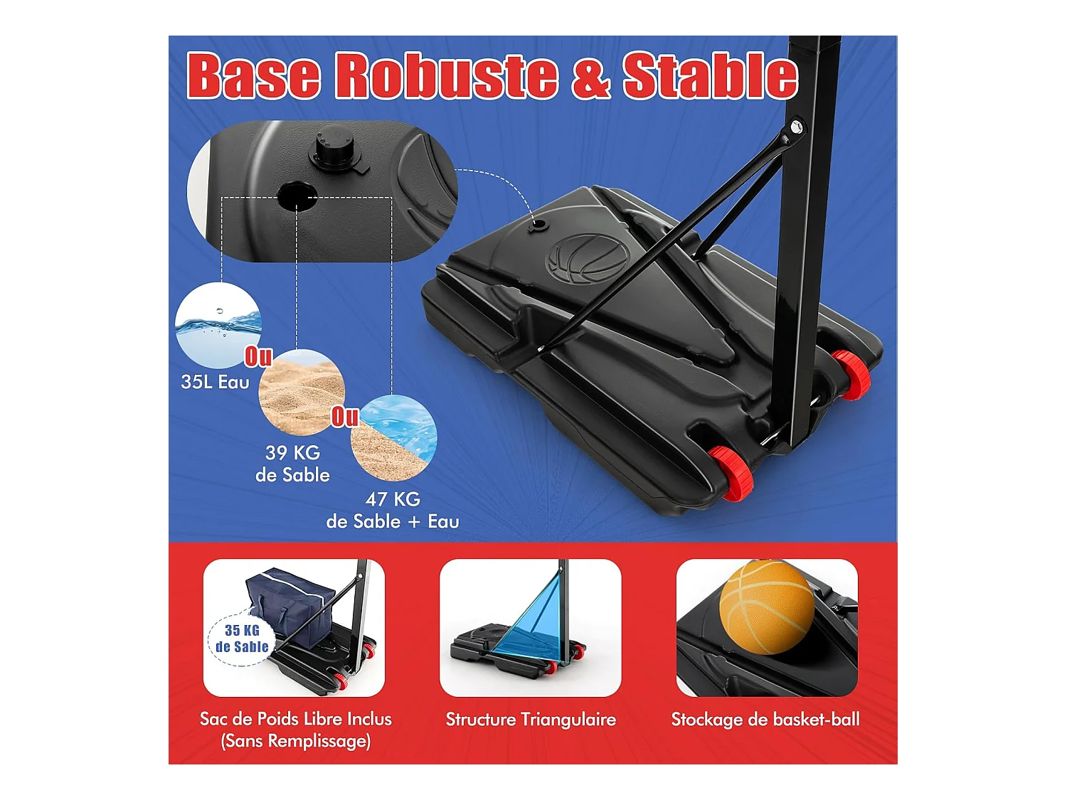 Panier de Basketball sur Pieds Hauteur Réglable de 1,55 à 3,1 m, Support de Basketball Portable avec Panneau Arrière en Pet Basket-Ball et Pompe