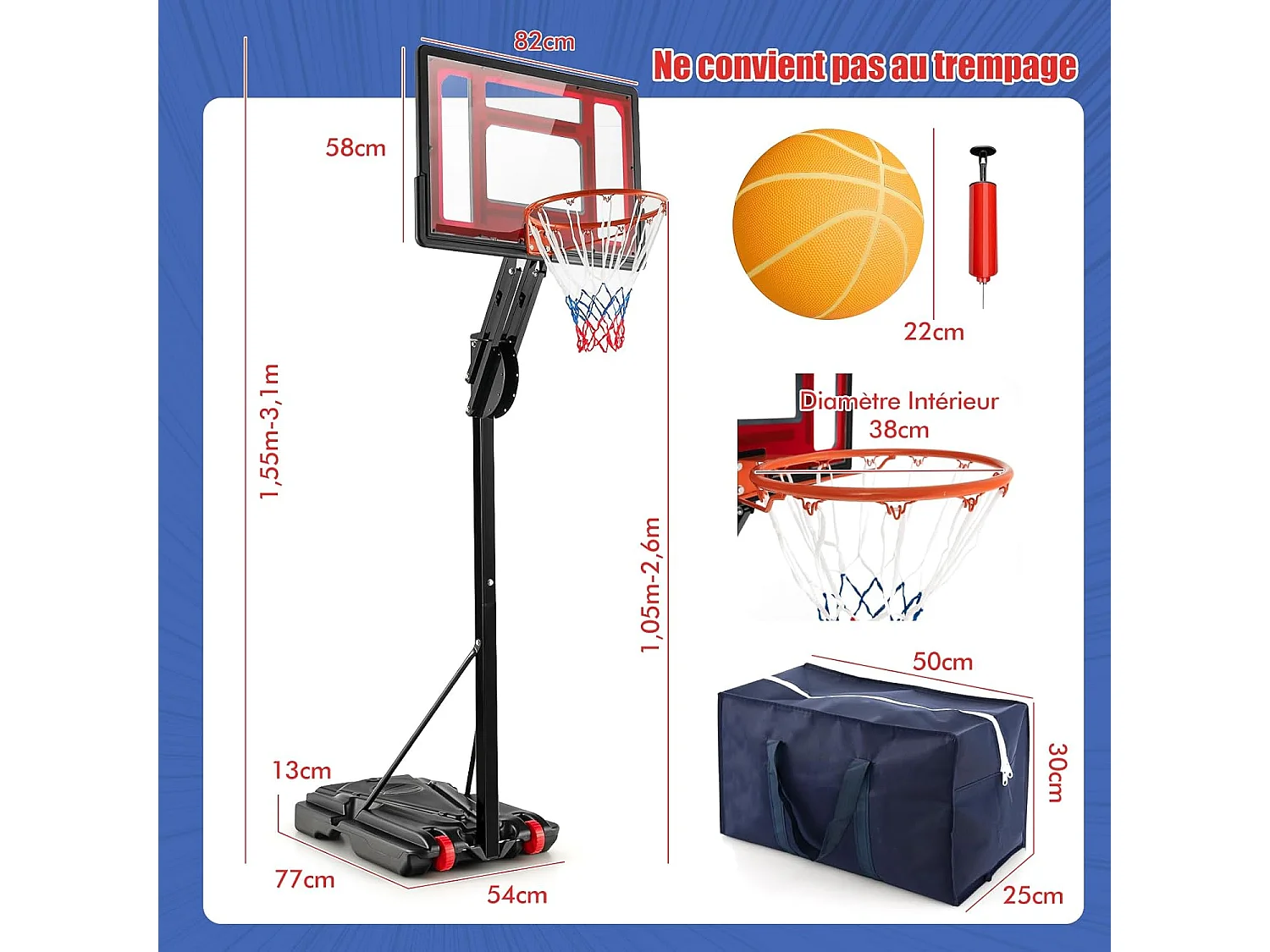 Panier de Basketball sur Pieds Hauteur Réglable de 1,55 à 3,1 m, Support de Basketball Portable avec Panneau Arrière en Pet Basket-Ball et Pompe