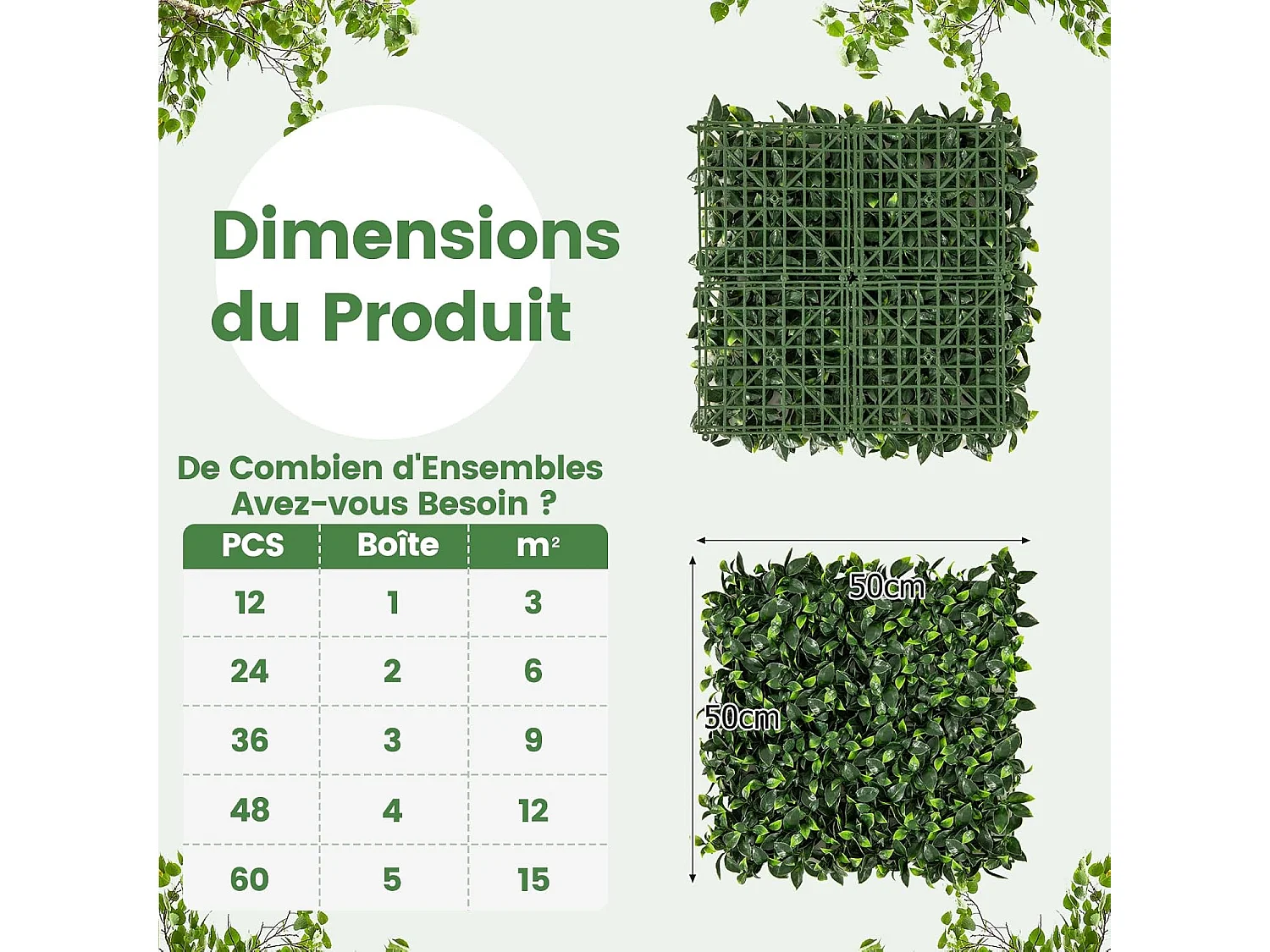 12 Panneaux Muraux en Gazon Artificiel 50 x 50 cm, Panneaux d'Arbustes en Imitation Topiaire de Gardénia Toile de Fond Murale, Haie d'Intimité pour Jardin Balcon