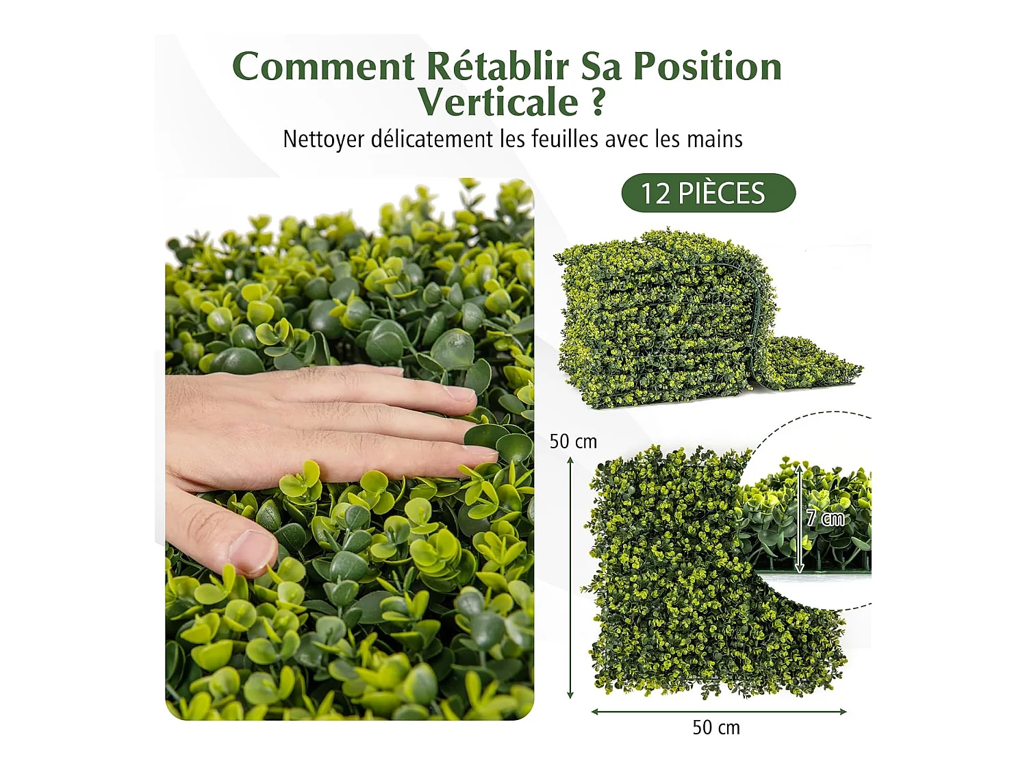 12 Panneaux Muraux en Gazon Artificiel 50 x 50 cm, Panneaux de Buis avec Surface Texturée Incurvée et Epaisseur de 7 cm, Haie d'Intimité