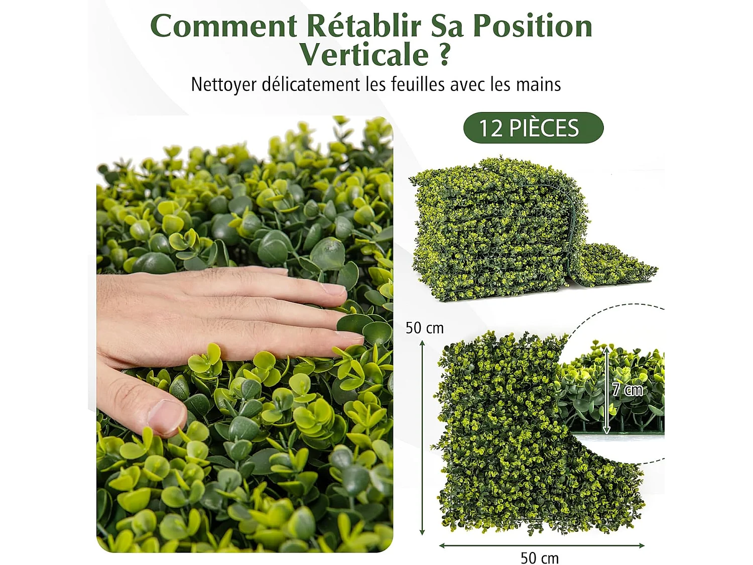 12 Panneaux Muraux en Gazon Artificiel 50 x 50 cm, Panneaux de Buis avec Surface Texturée Incurvée et Epaisseur de 7 cm, Haie d'Intimité