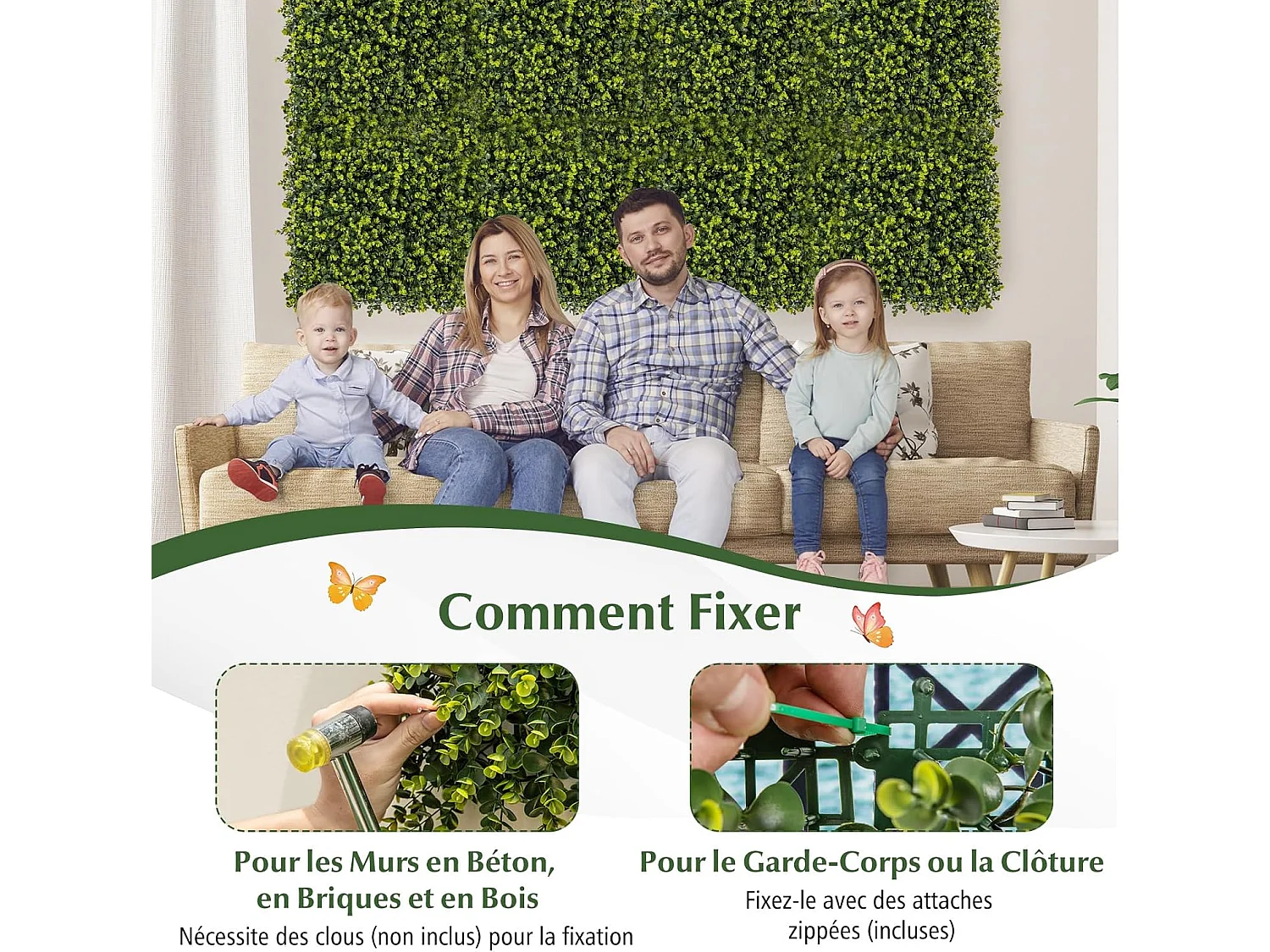 12 Panneaux Muraux en Gazon Artificiel 50 x 50 cm, Panneaux de Buis avec Surface Texturée Incurvée et Epaisseur de 7 cm, Haie d'Intimité