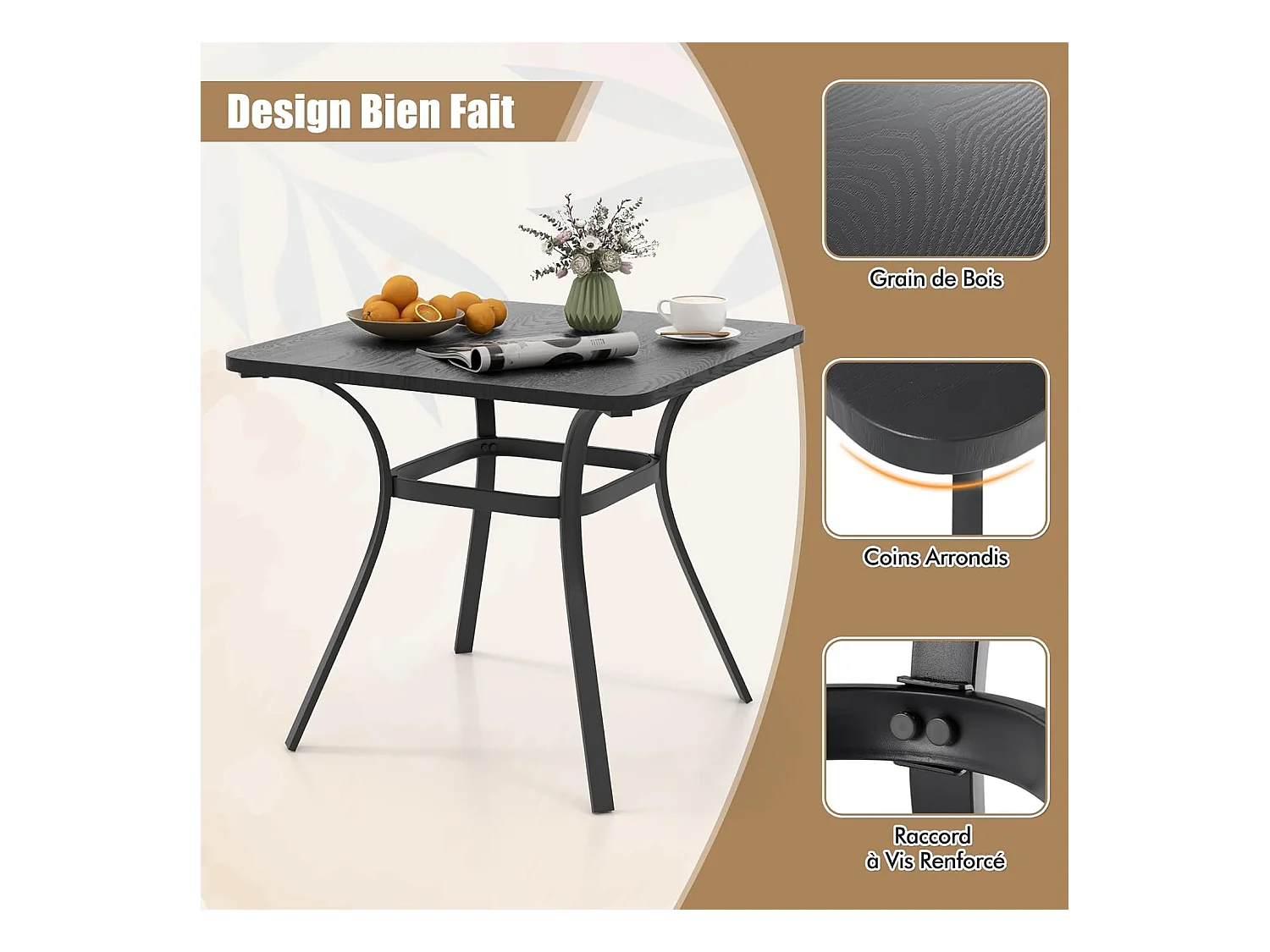 Table de Salle à Manger de Patio en Métal 80 x 80 CM, Table d'Appoint Carrée avec 4 Pieds Incurvés, Table d'Extérieur pour 4 Personnes (Gris)