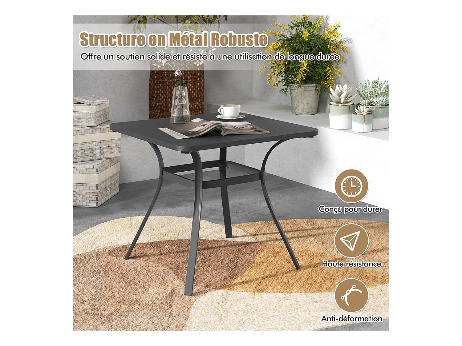 Table de Salle à Manger de Patio en Métal 80 x 80 CM, Table d'Appoint Carrée avec 4 Pieds Incurvés, Table d'Extérieur pour 4 Personnes (Gris)