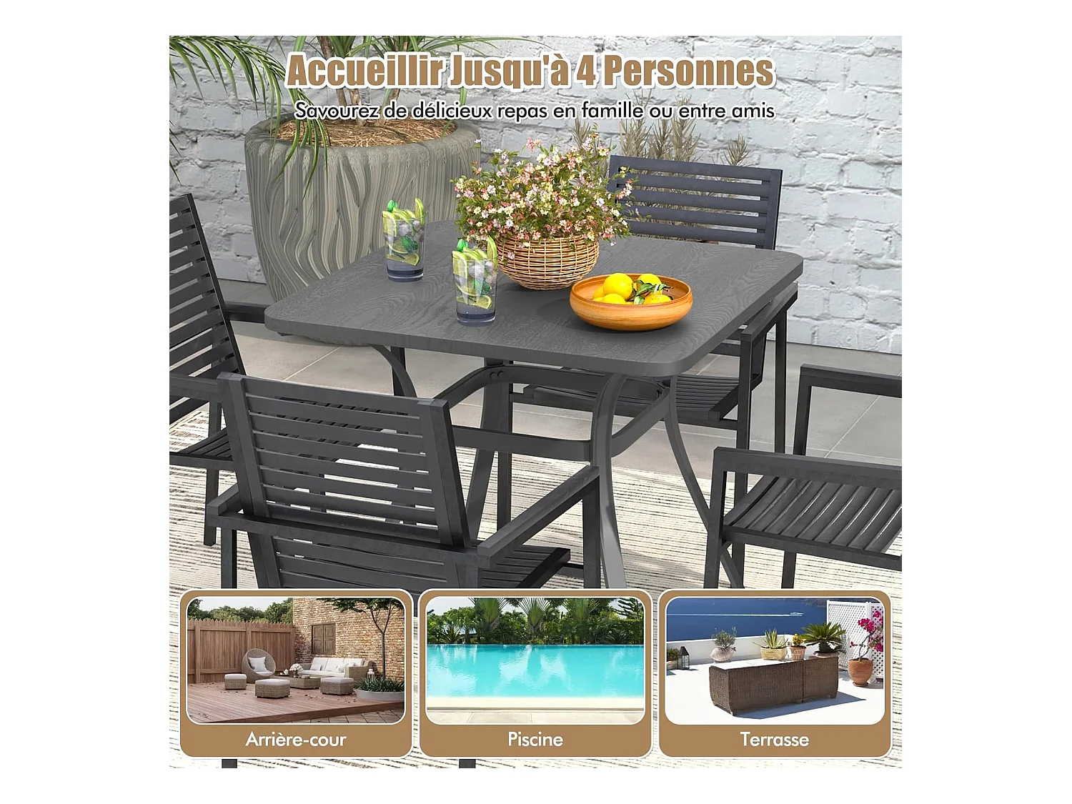 Table de Salle à Manger de Patio en Métal 80 x 80 CM, Table d'Appoint Carrée avec 4 Pieds Incurvés, Table d'Extérieur pour 4 Personnes (Gris)