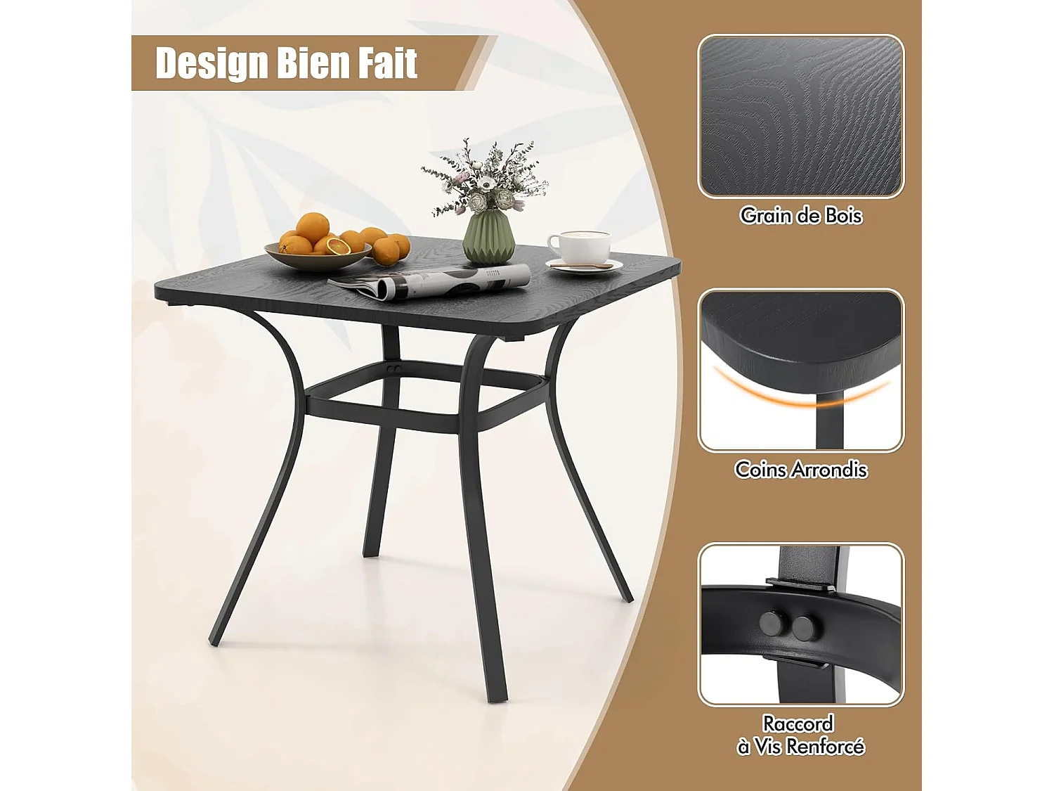 Table de Salle à Manger de Patio en Métal 80 x 80 CM, Table d'Appoint Carrée avec 4 Pieds Incurvés, Table d'Extérieur pour 4 Personnes (Gris)