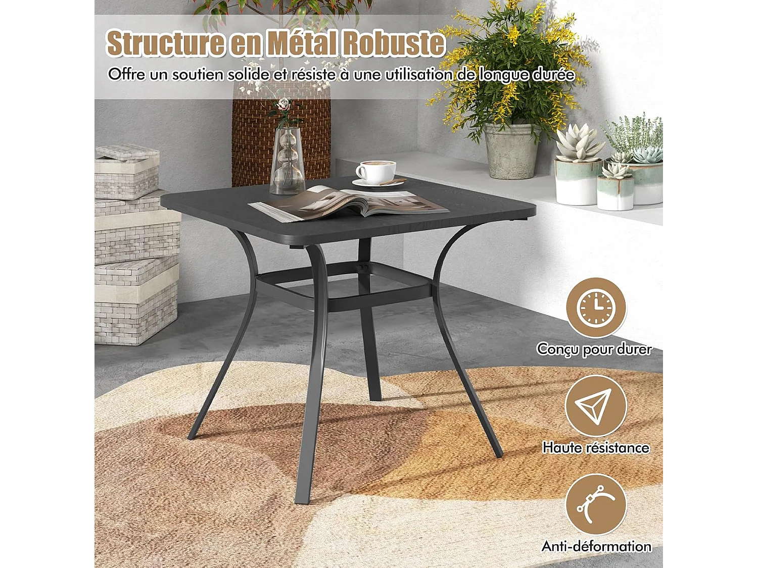 Table de Salle à Manger de Patio en Métal 80 x 80 CM, Table d'Appoint Carrée avec 4 Pieds Incurvés, Table d'Extérieur pour 4 Personnes (Gris)