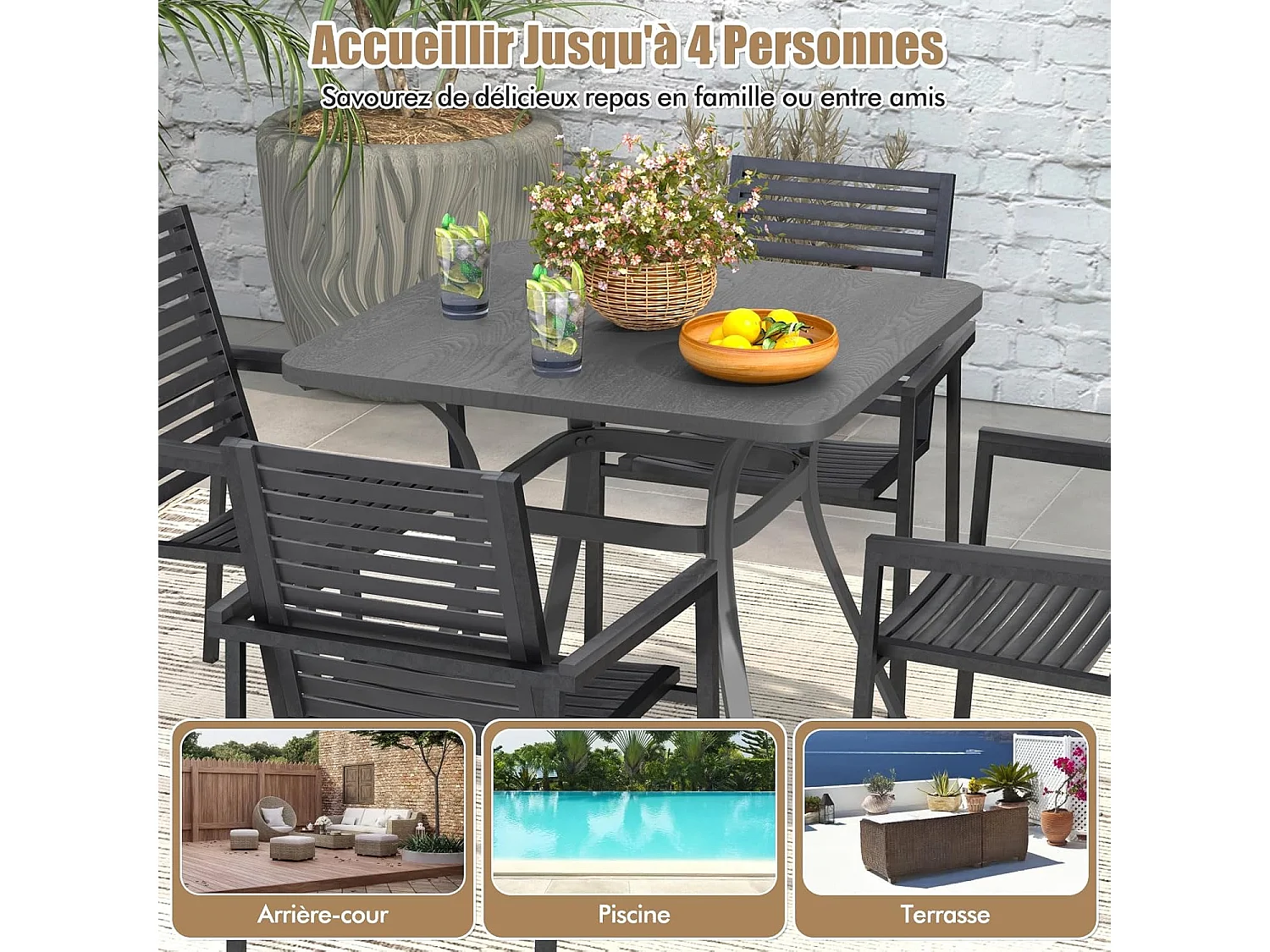 Table de Salle à Manger de Patio en Métal 80 x 80 CM, Table d'Appoint Carrée avec 4 Pieds Incurvés, Table d'Extérieur pour 4 Personnes (Gris)