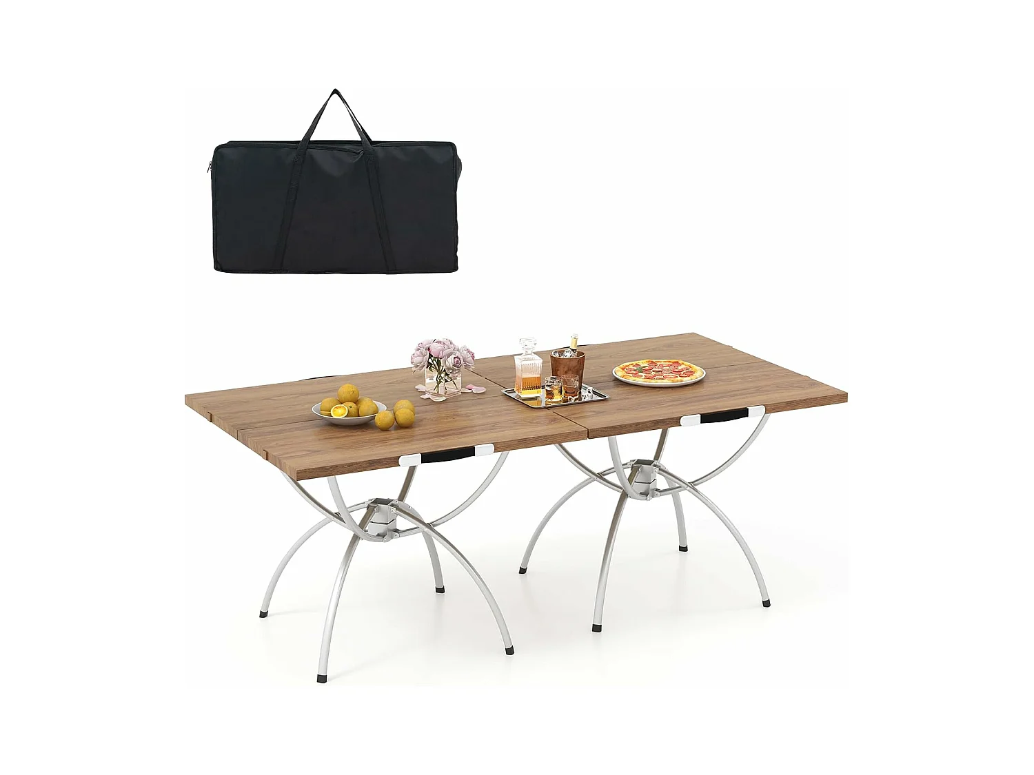 Lot de 2 Tables de Camping Pliantes avec Cadre en Aluminium, Table de Pique-Nique Extensible Portable avec Plateau à Imitation Bois Sac de Transpor, 61x61x46,5cm