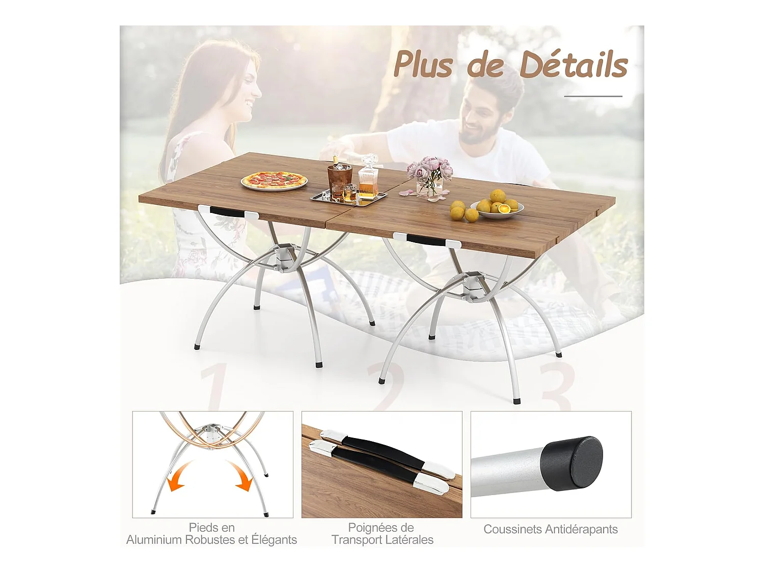 Lot de 2 Tables de Camping Pliantes avec Cadre en Aluminium, Table de Pique-Nique Extensible Portable avec Plateau à Imitation Bois Sac de Transpor, 61x61x46,5cm