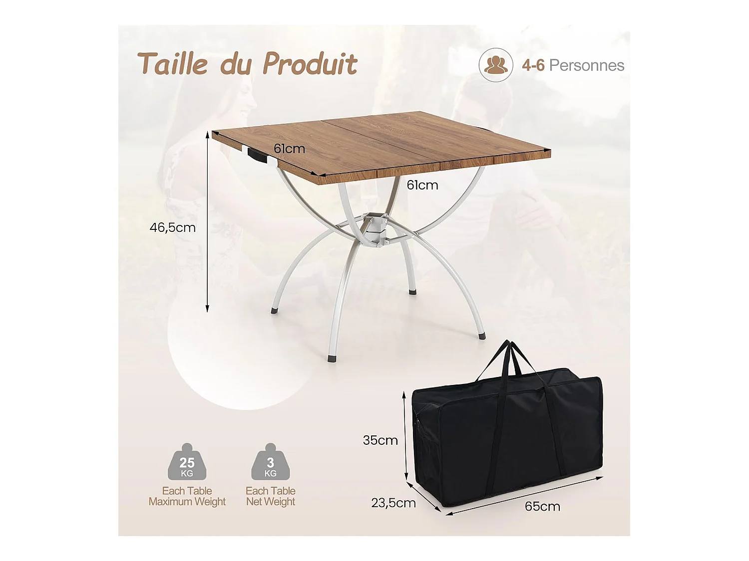 Lot de 2 Tables de Camping Pliantes avec Cadre en Aluminium, Table de Pique-Nique Extensible Portable avec Plateau à Imitation Bois Sac de Transpor, 61x61x46,5cm