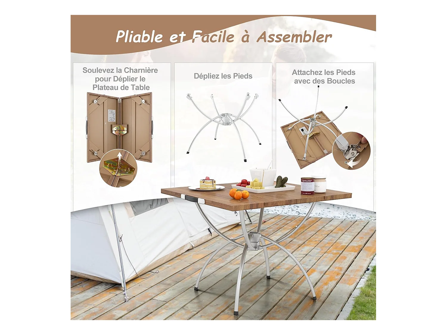 Lot de 2 Tables de Camping Pliantes avec Cadre en Aluminium, Table de Pique-Nique Extensible Portable avec Plateau à Imitation Bois Sac de Transpor, 61x61x46,5cm