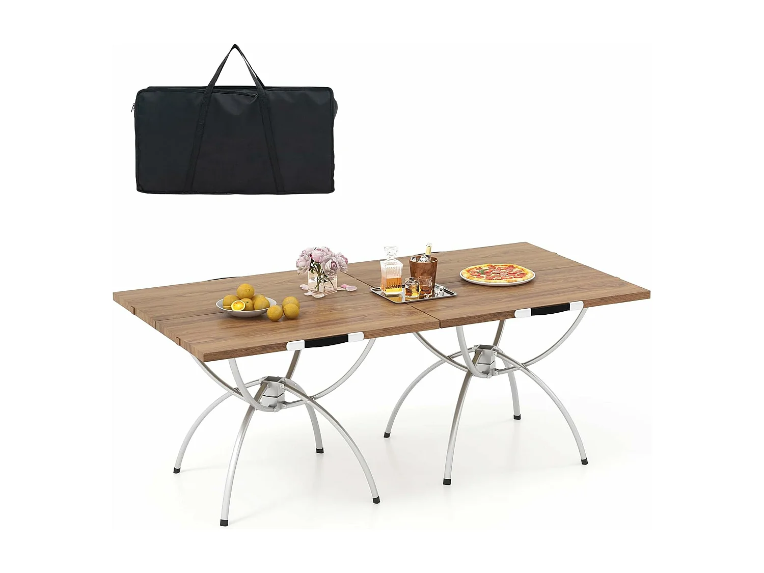 Lot de 2 Tables de Camping Pliantes avec Cadre en Aluminium, Table de Pique-Nique Extensible Portable avec Plateau à Imitation Bois Sac de Transpor, 61x61x46,5cm