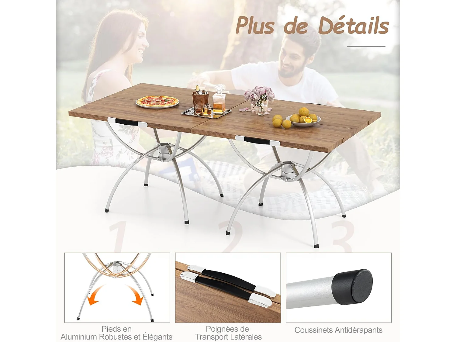 Lot de 2 Tables de Camping Pliantes avec Cadre en Aluminium, Table de Pique-Nique Extensible Portable avec Plateau à Imitation Bois Sac de Transpor, 61x61x46,5cm